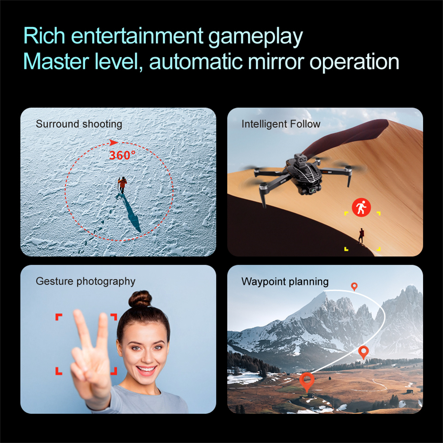 Vier Bilder, die Drohnenfunktionen zeigen: Surround-Aufnahme, intelligentes Folgen, Gestenfotografie und Wegpunktplanung.