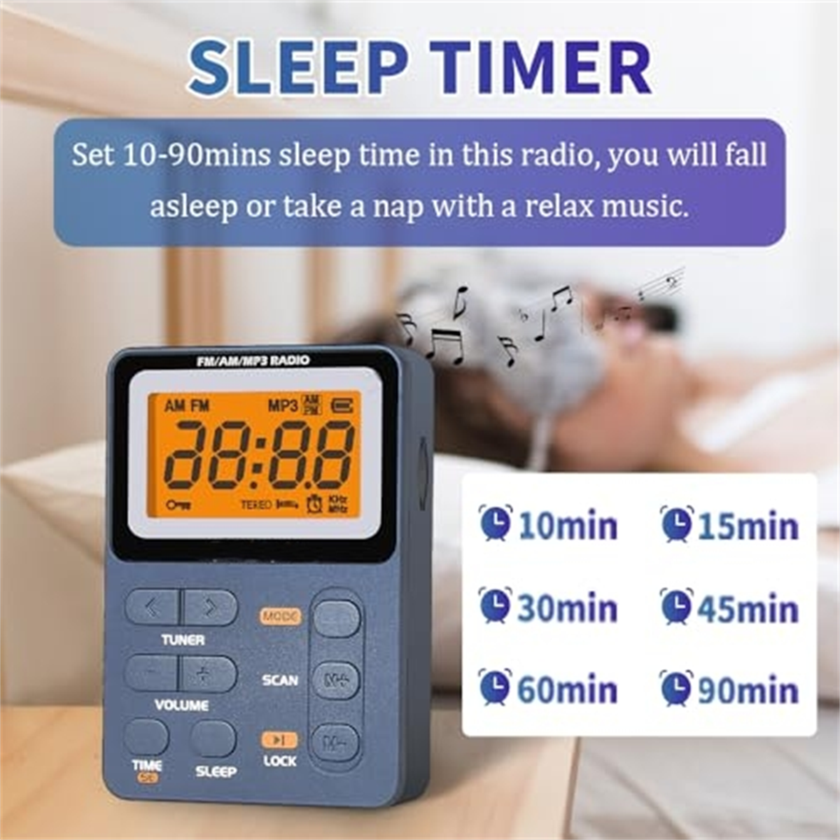 Digitaler Schlaf-Timer-Radio mit Knöpfen und Display. Text zeigt Schlafzeitoptionen. Person im Hintergrund.