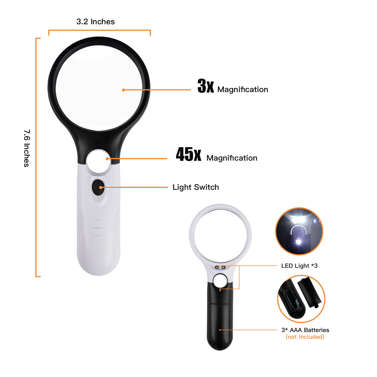 Lupe mit Lichtschalter und Maßen. Eine weitere mit Batterien und beleuchtet.