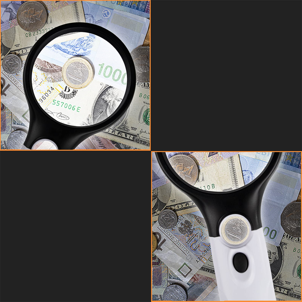 Lupe über Währungen; Euro, Dollar und andere Währungen. Lupen sind schwarz.