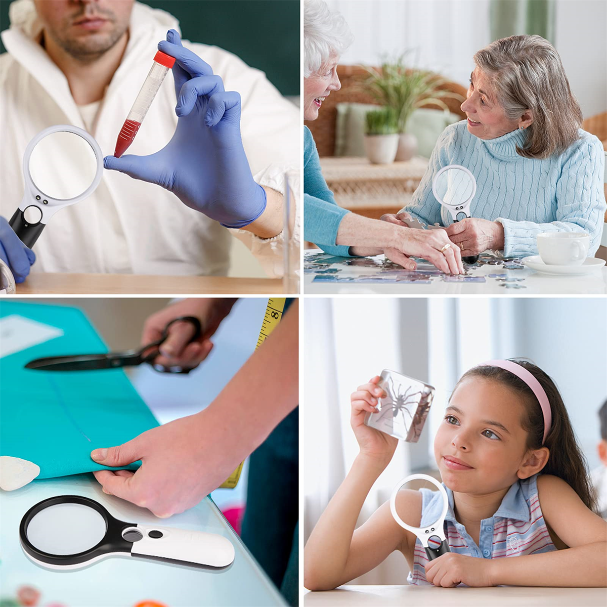 Collage von Menschen, die Lupen benutzen. Aktivitäten umfassen Forschung, Basteln und Puzzles.