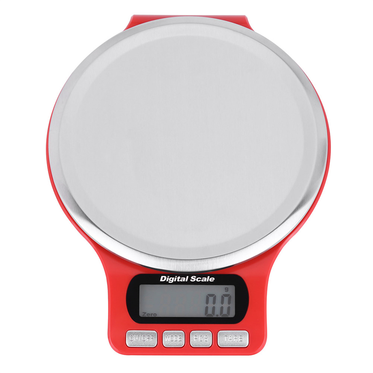 Digitale Waage mit roter Basis und silberner Plattform. Sie hat eine digitale Anzeige.