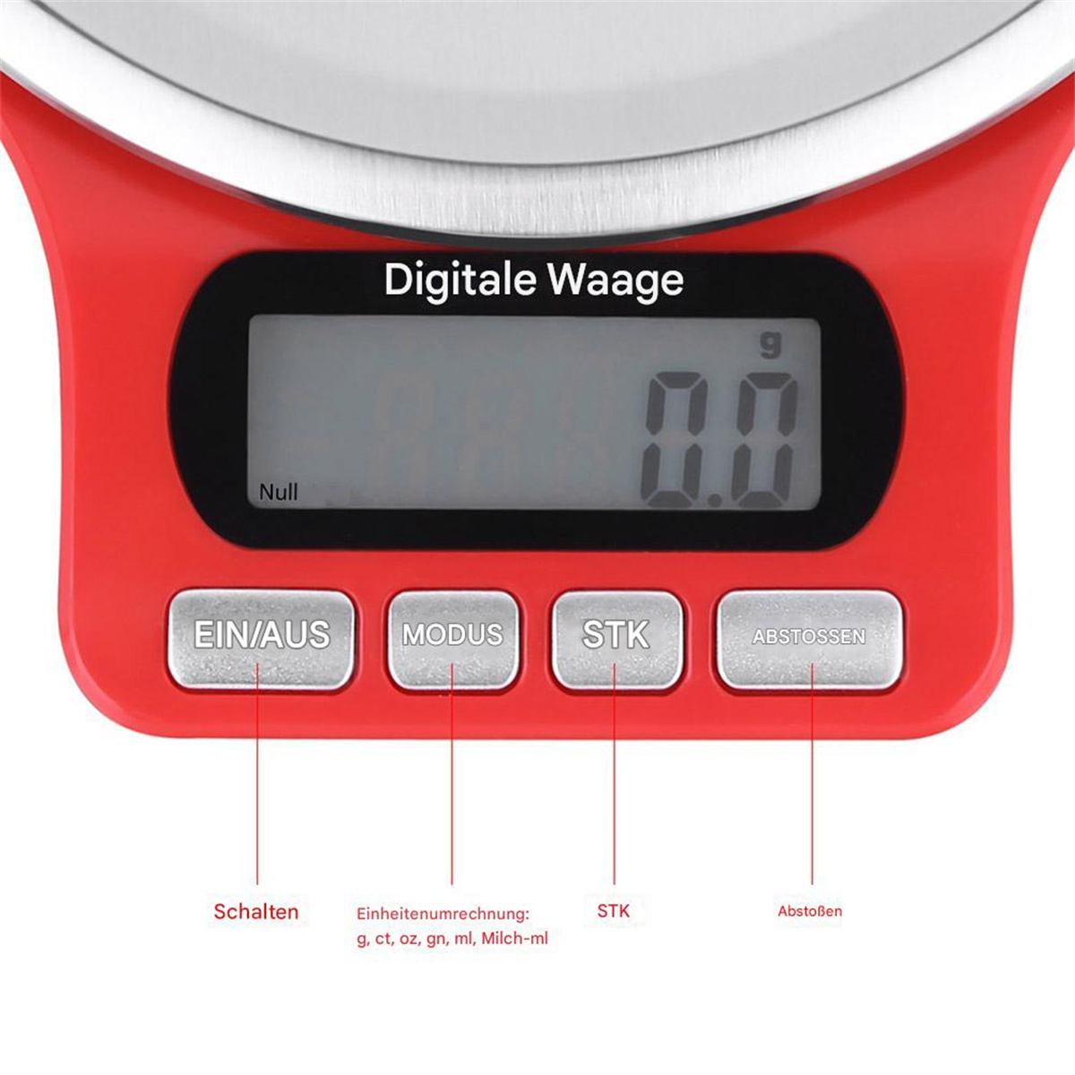 Digitale Waage mit rotem Sockel. Das Display zeigt 0,0g. Knöpfe sind beschriftet.
