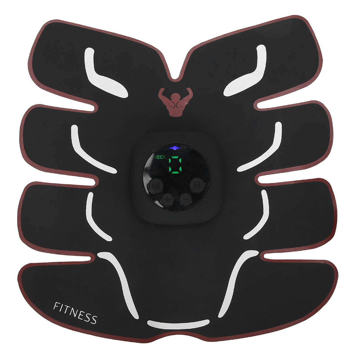 Schwarzes Fitnessgerät mit Pads. Es hat ein zentrales Bedienfeld mit Knöpfen und einem Digitaldisplay.