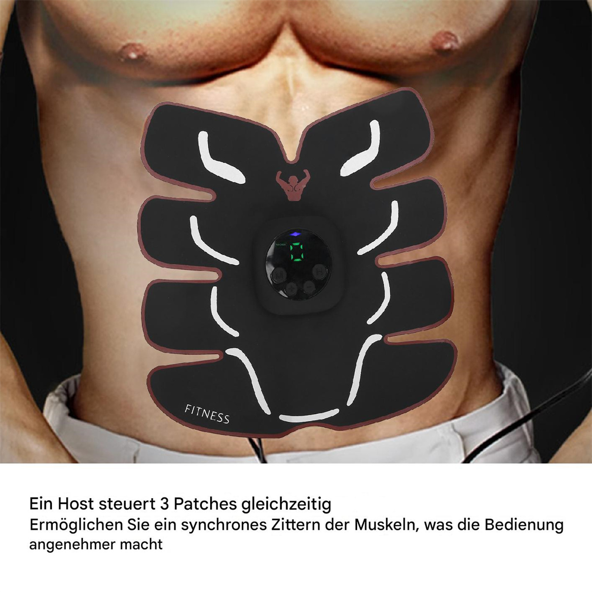 Eine Person mit einem elektrischen Muskelstimulationsgerät auf dem Bauch.