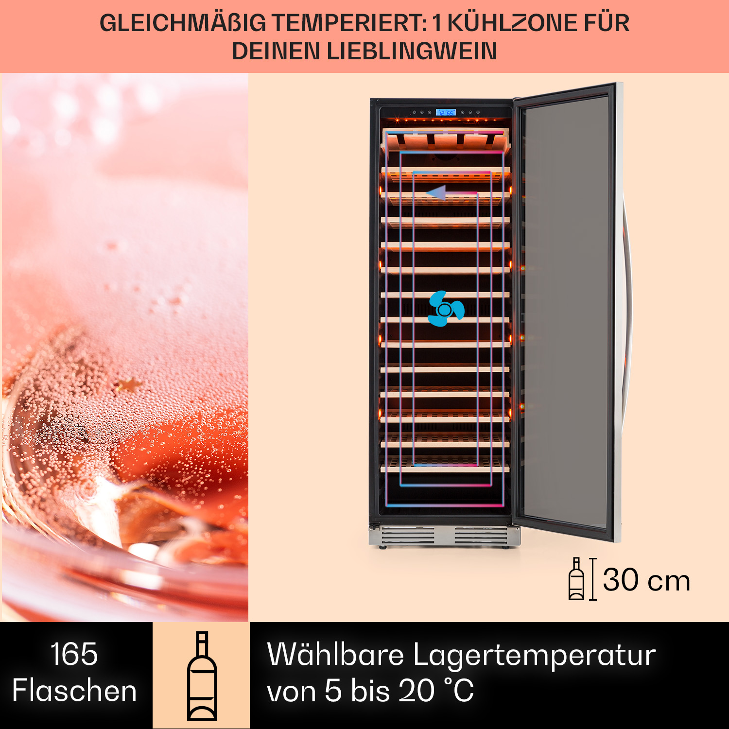 Un refrigeratore per vino con un bicchiere di bevanda rosa e un'icona di bottiglia di vino. Il refrigeratore ha ripiani e una porta.