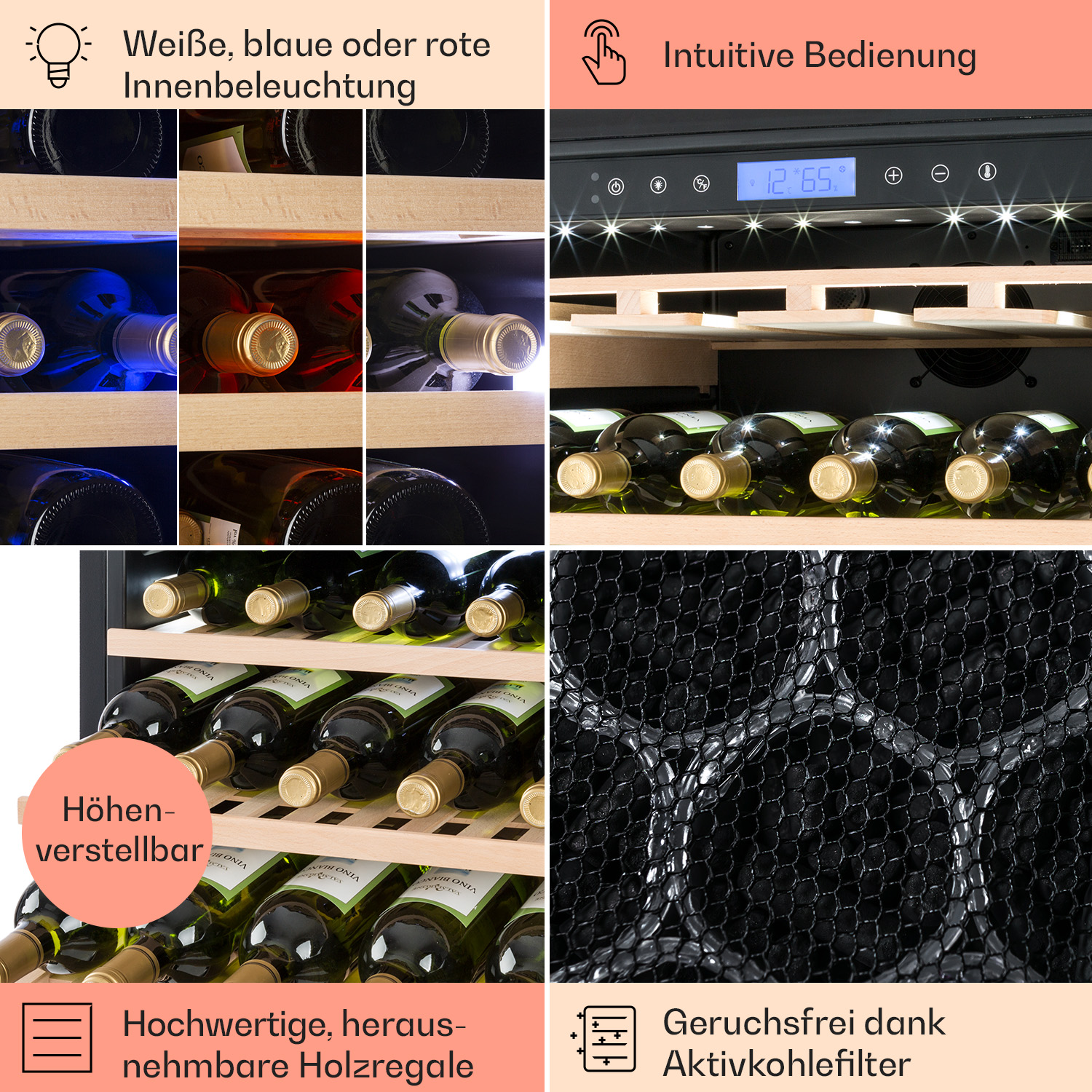 All'interno di un frigorifero per vini, che mostra bottiglie su ripiani in legno con diverse caratteristiche evidenziate.