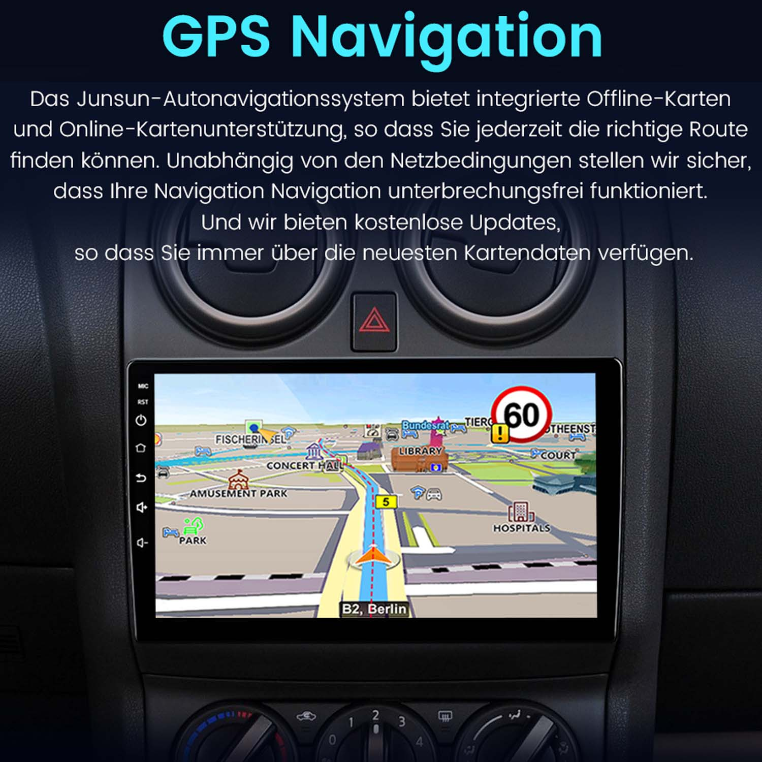 Deska rozdzielcza samochodu z ekranem pokazującym szczegóły nawigacji GPS.