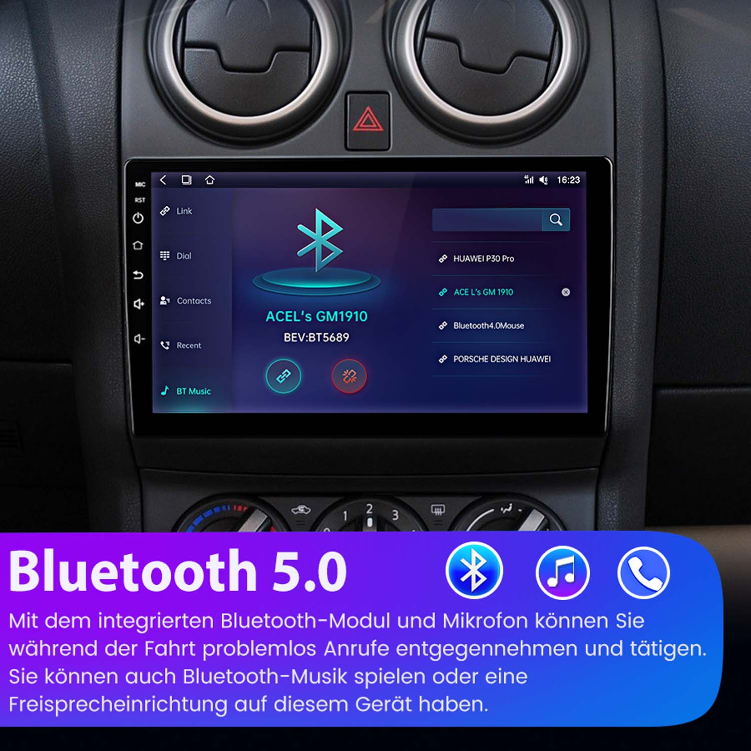 Ekran samochodowego systemu multimedialnego z opcjami Bluetooth 5.0.