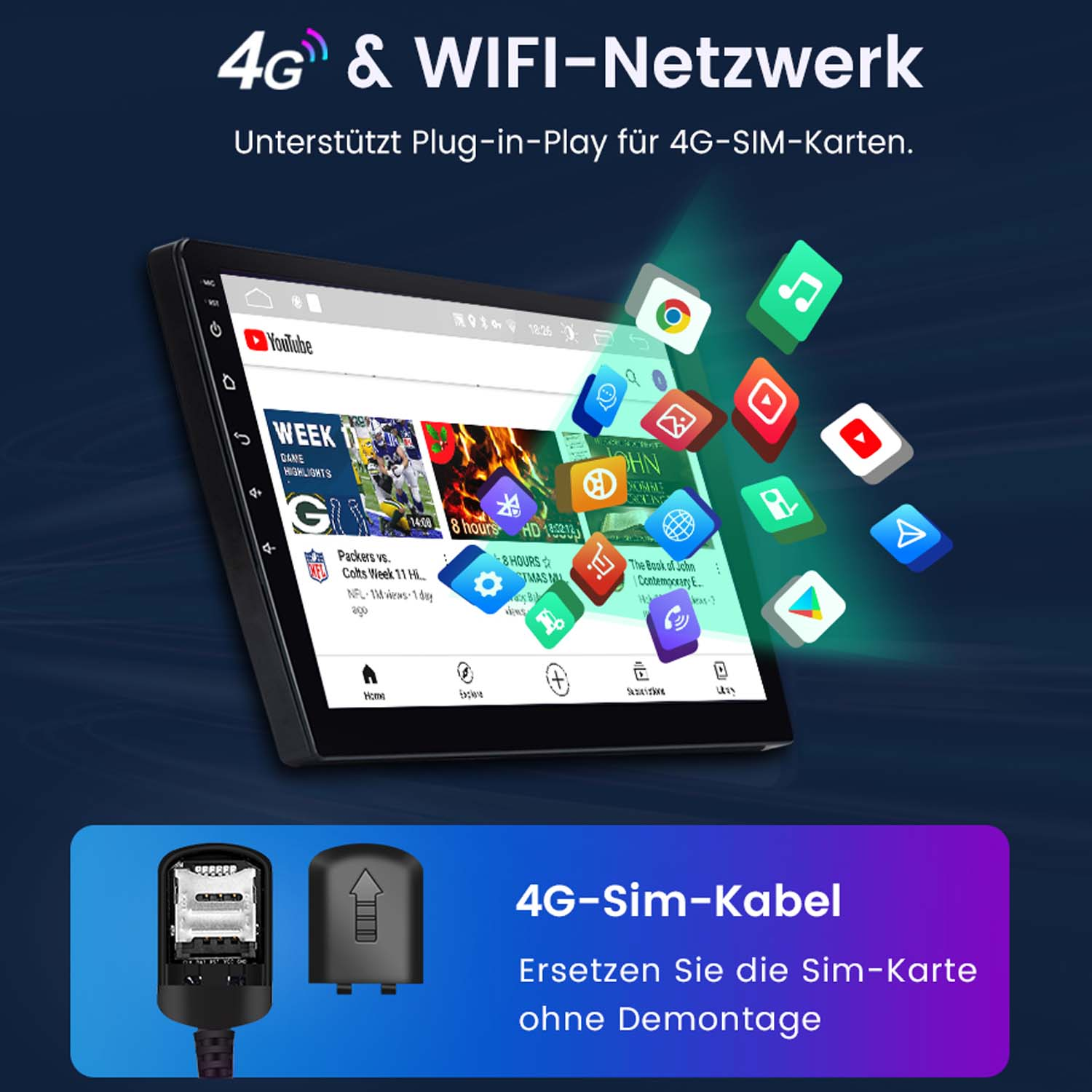 System multimedialny do samochodu, ekran wyświetlający różne aplikacje, kabel 4G-Sim.