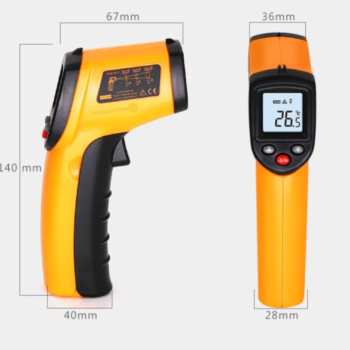 Oranges und schwarzes Infrarot-Thermometer. Zeigt eine Temperaturmessung auf dem Display. Messungen sind sichtbar.