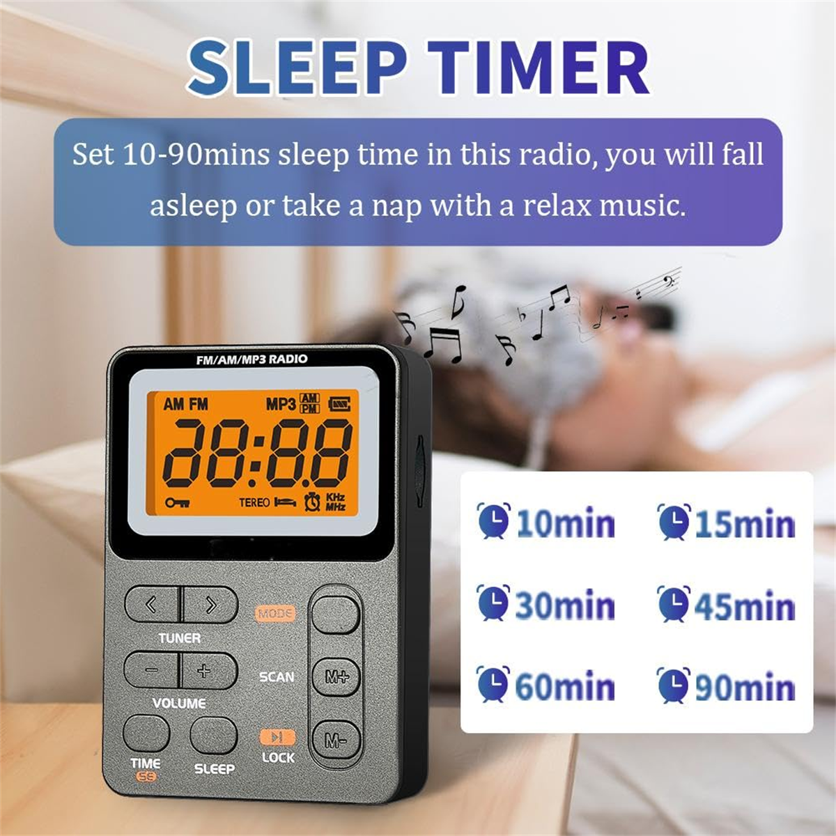 Ein schwarzer und grauer Sleep-Timer mit digitaler Anzeige, Tasten und im Hintergrund eine Person im Bett.