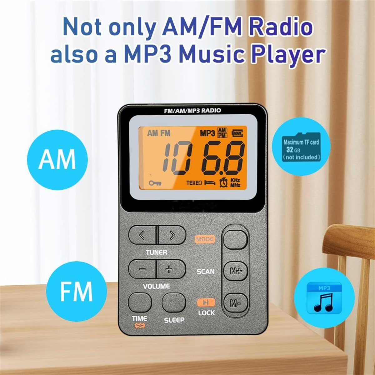 Tragbares AM/FM-Radio mit MP3-Player-Funktion und Tasten.