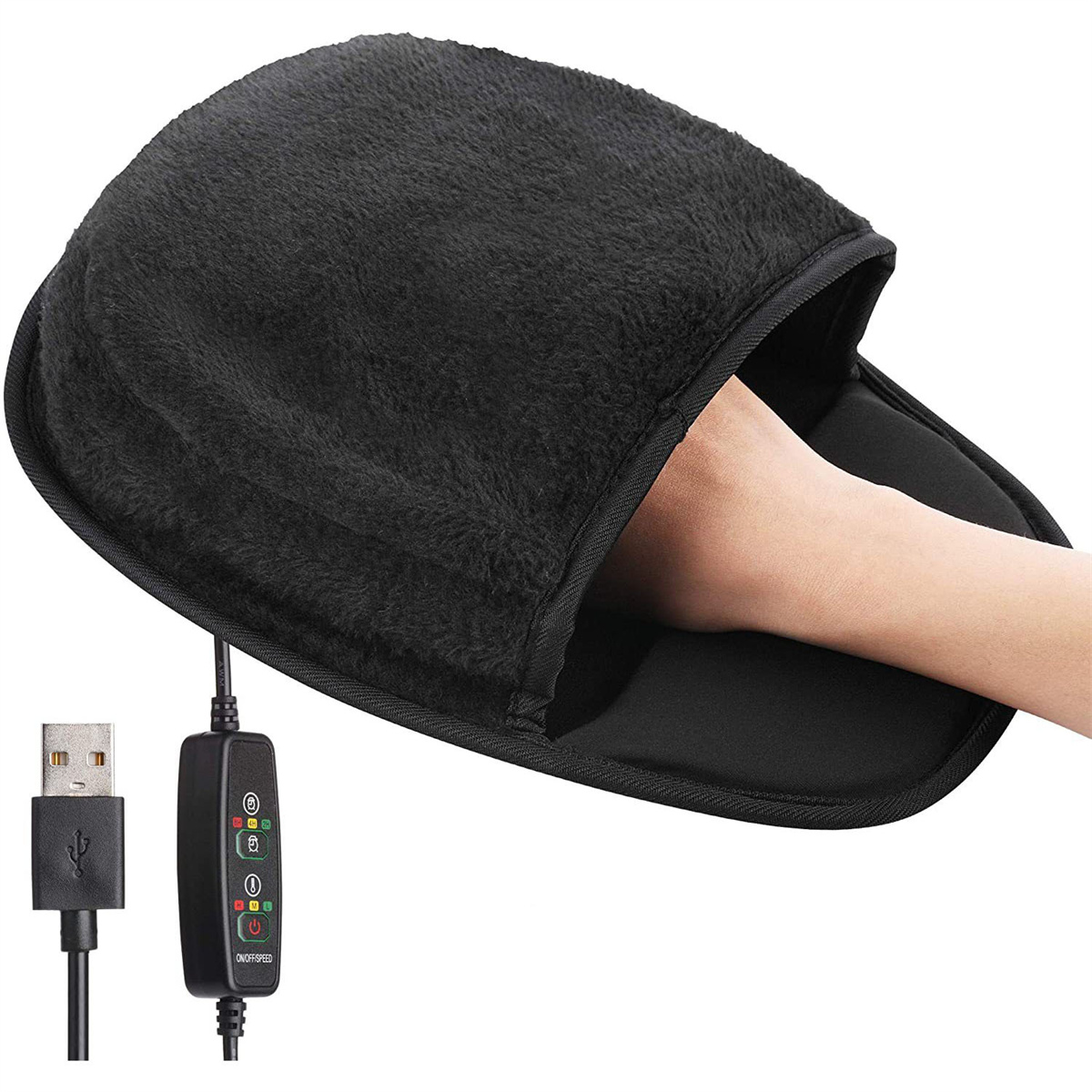 Schwarze beheizte Fußwärmer mit USB-Kabel. Controller mit Einstellungen.