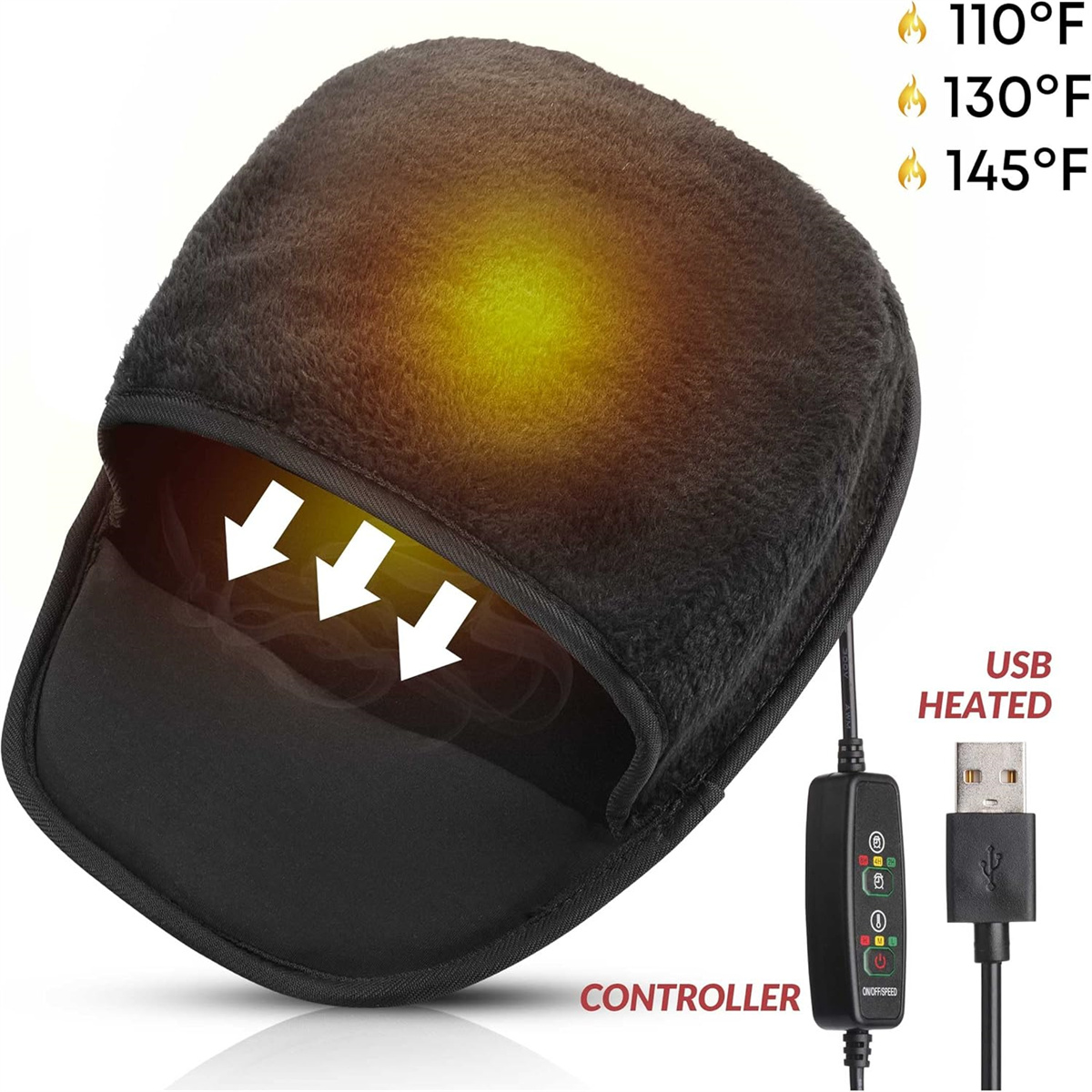 Schwarzer, beheizbarer USB-Handwärmer mit Controller. Temperatureinstellungen werden in Fahrenheit angezeigt.
