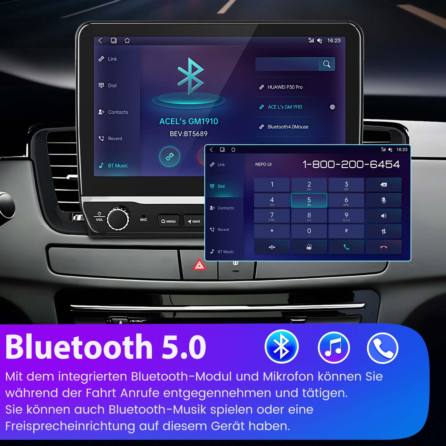 Ekran stereo samochodowy pokazujący informacje o Bluetooth 5.0 i wybieracz telefonu.