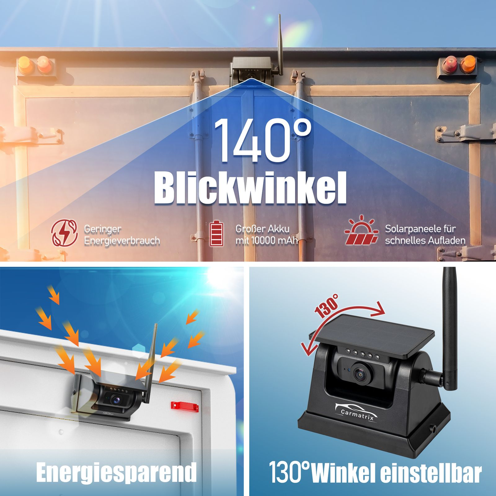 Eine Kamera mit 140° Blickwinkel, Solarpanel und großem Akku.