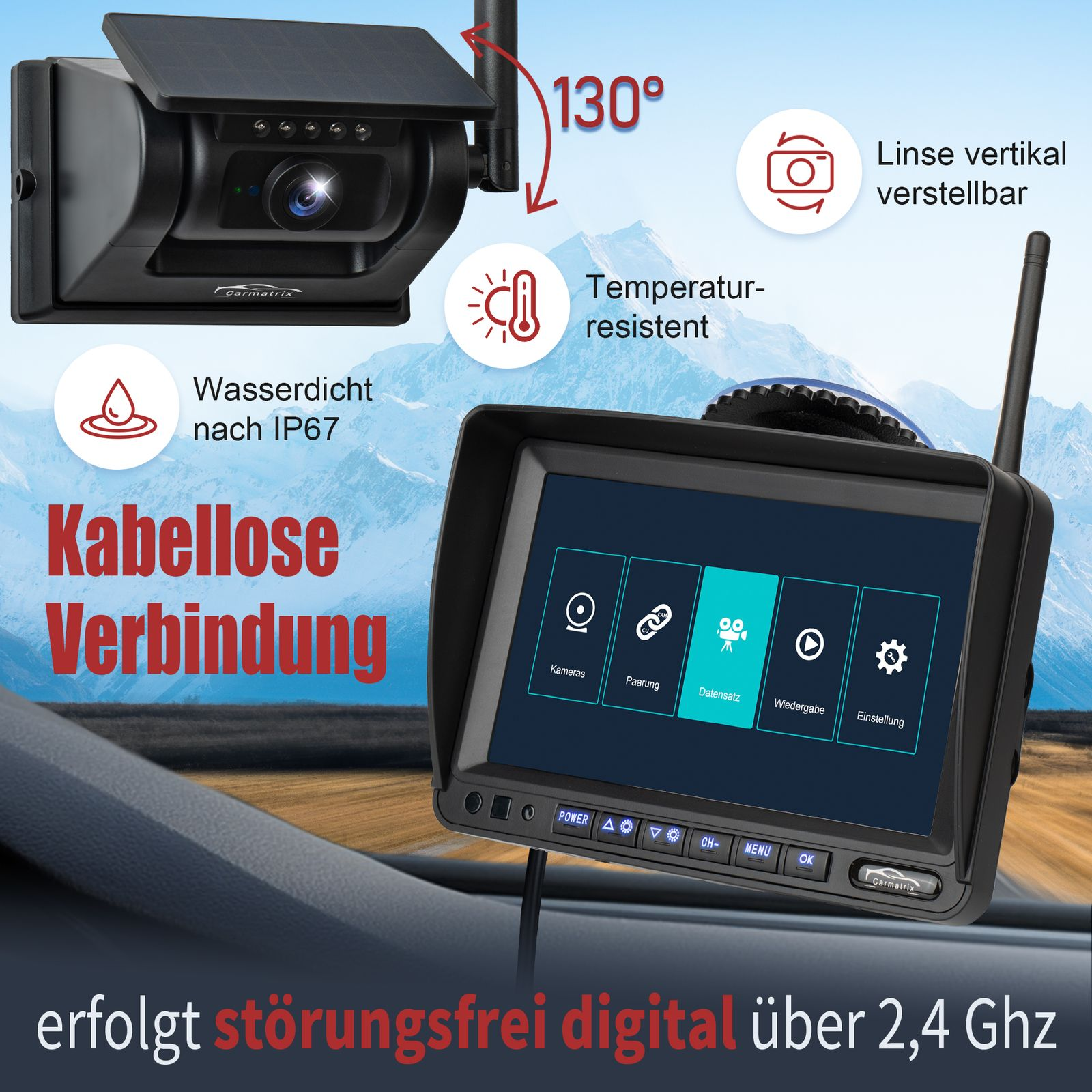 Eine Rückfahrkamera mit einem Monitor, der Kameraeinstellungen anzeigt. Text und Symbole werden angezeigt.