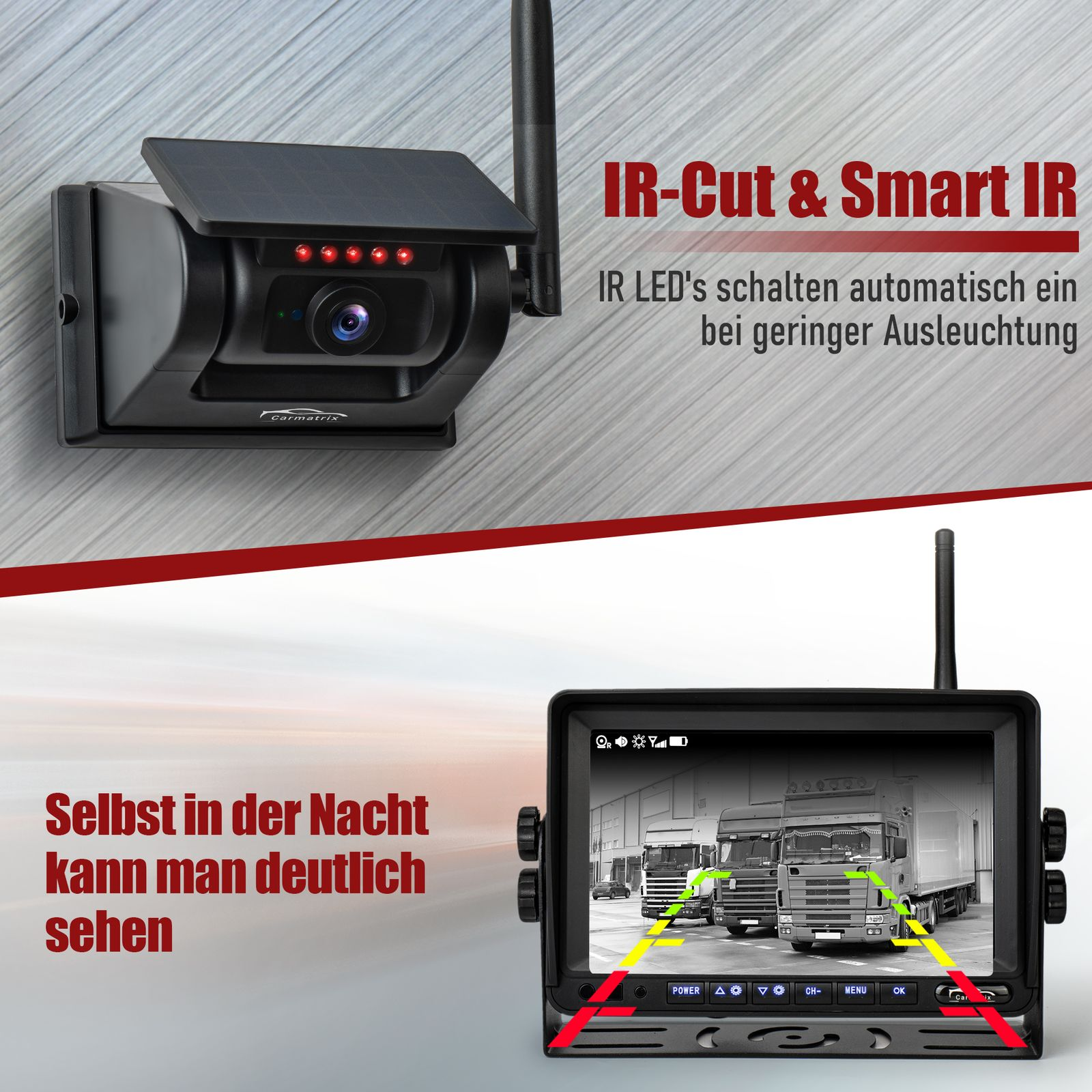 Schwarze Überwachungskamera mit Antenne und Monitor, der eine LKW-Szene zeigt, Text überlagert.