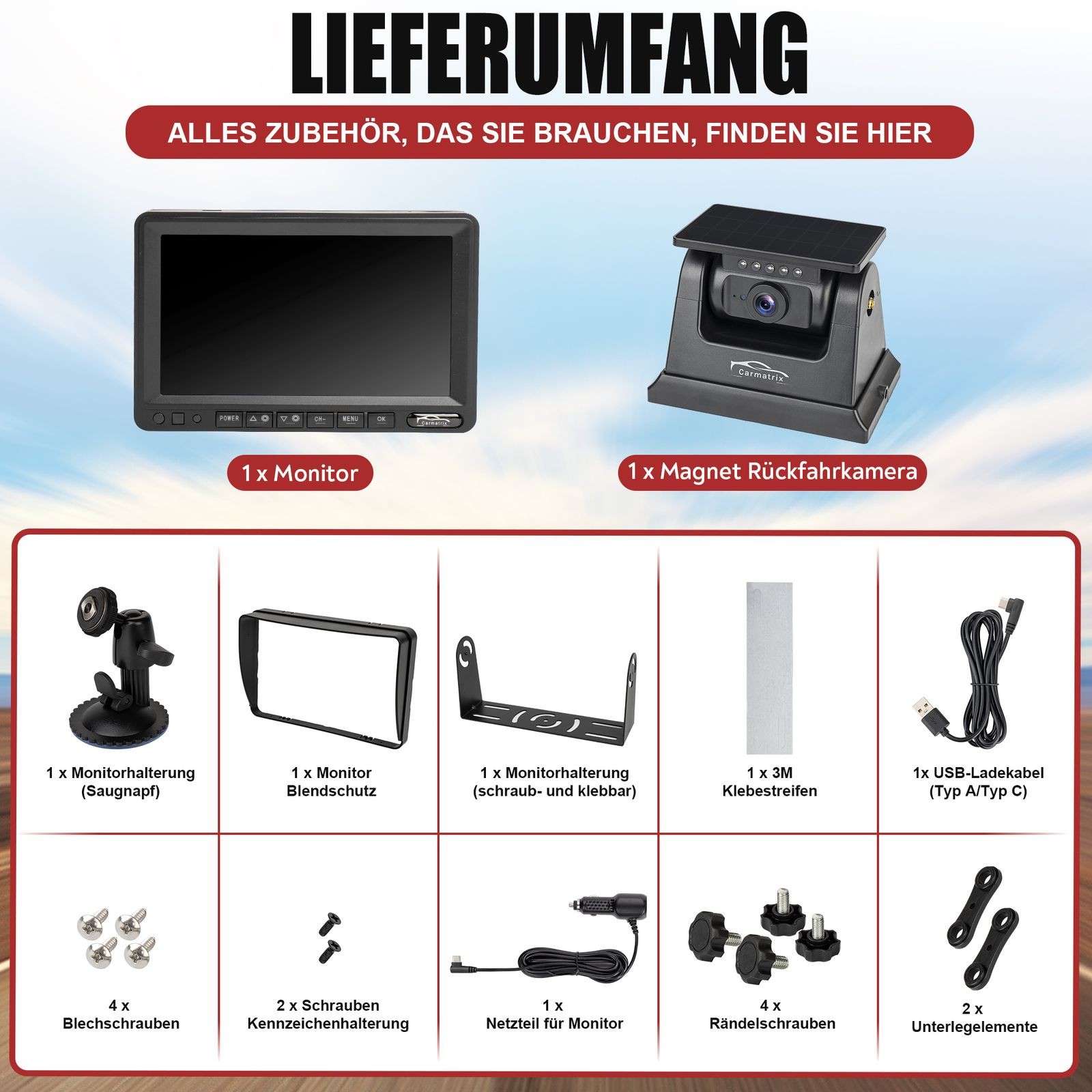 Sortiment an Autozubehör, darunter Monitor, Kamera, Montagematerial und Kabel.