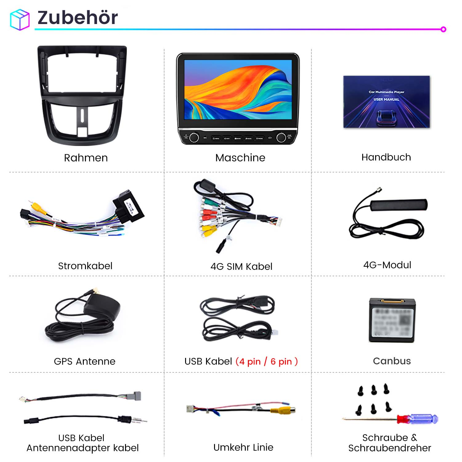 Zubehör für Auto-Multimedia-Systeme, einschließlich Rahmen, Kabel und Werkzeuge.