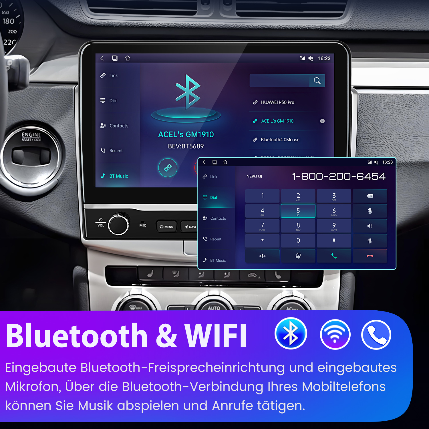 Deska rozdzielcza samochodu z wyświetlaczem pokazującym opcje Bluetooth i Wi-Fi. Tekst i ikony na ekranie.