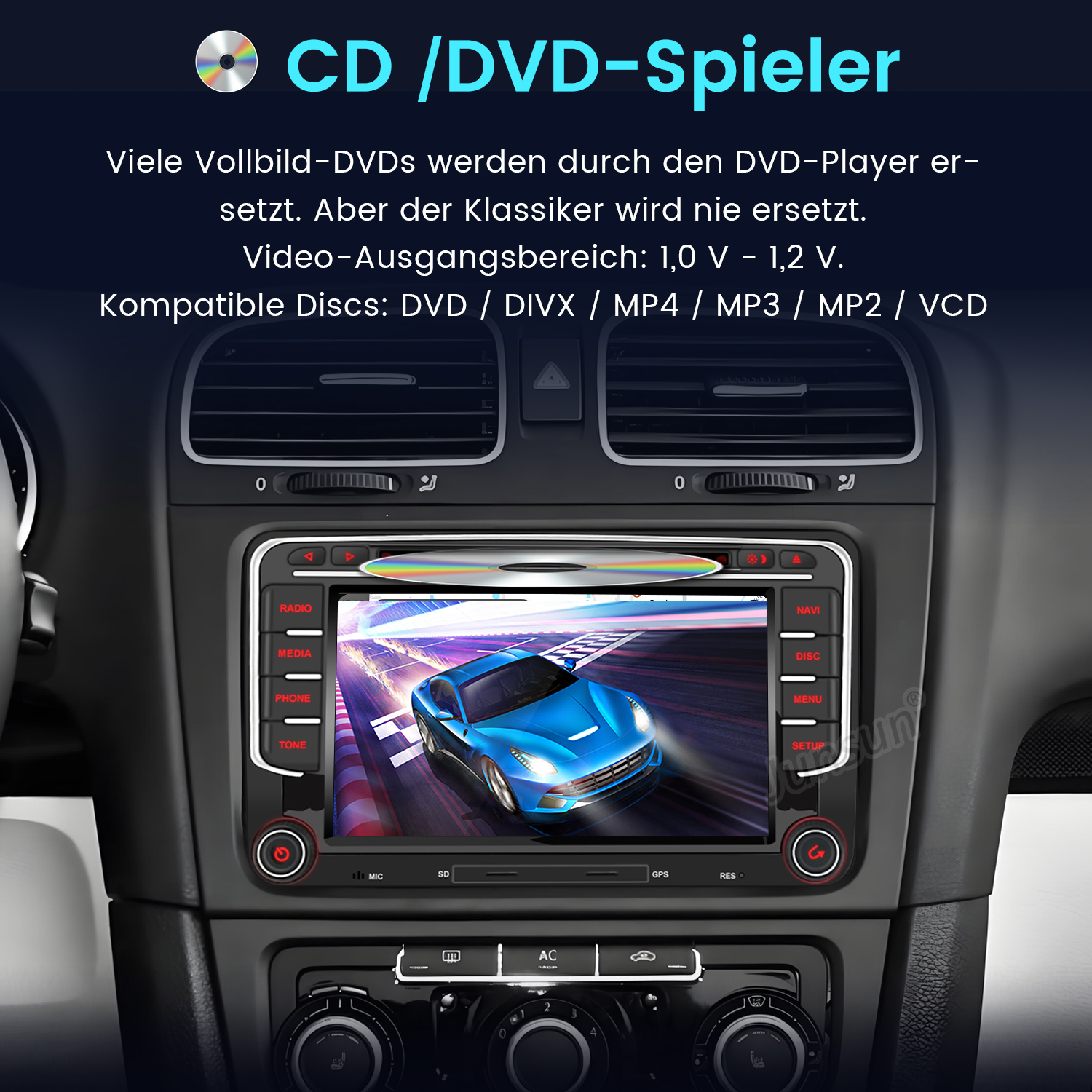 Autoradio mit Bildschirm, der ein Auto auf einer Strecke zeigt. Details sind auf Deutsch.