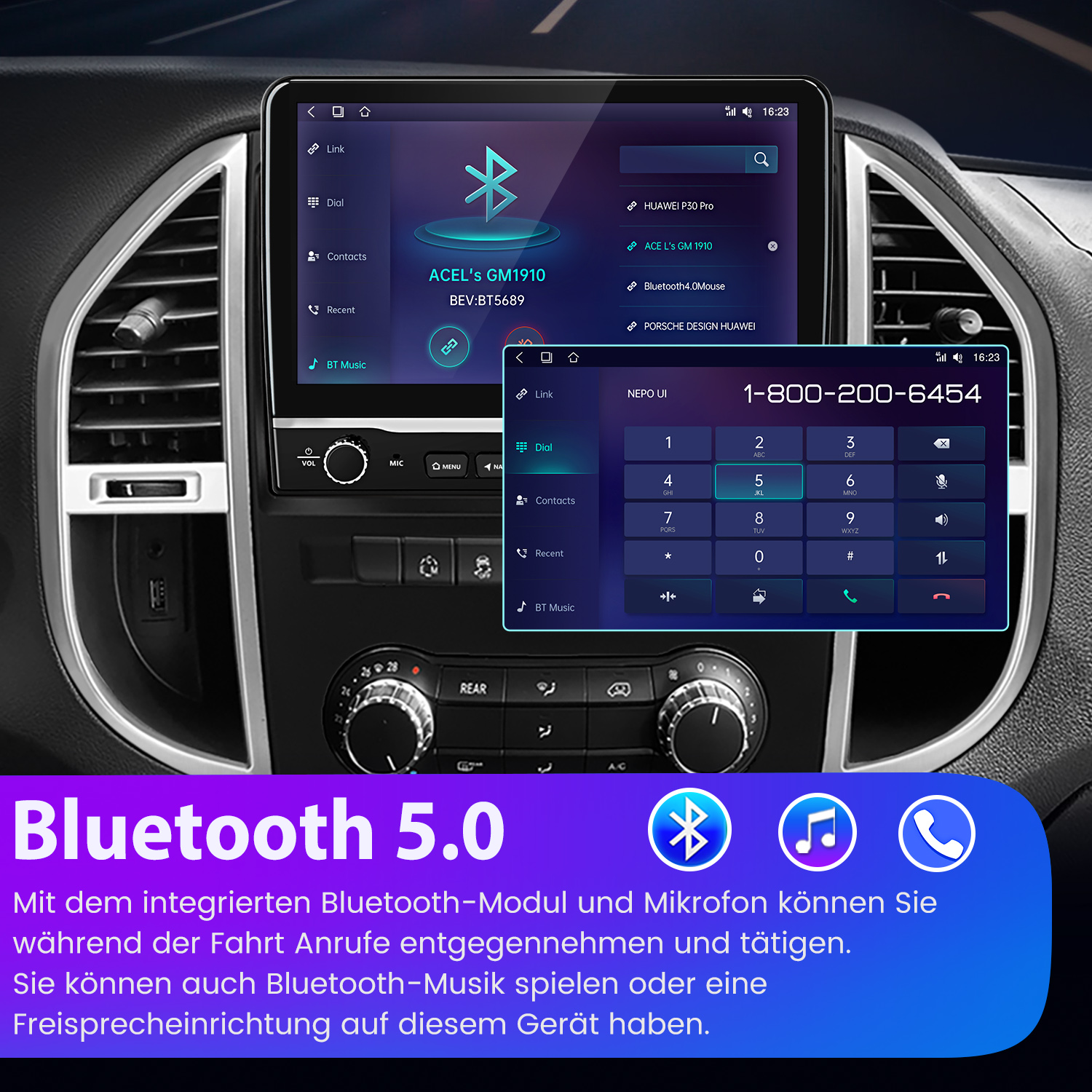 Ekran informacyjno-rozrywkowy samochodu z ustawieniami Bluetooth i interfejsem wybierania numeru.