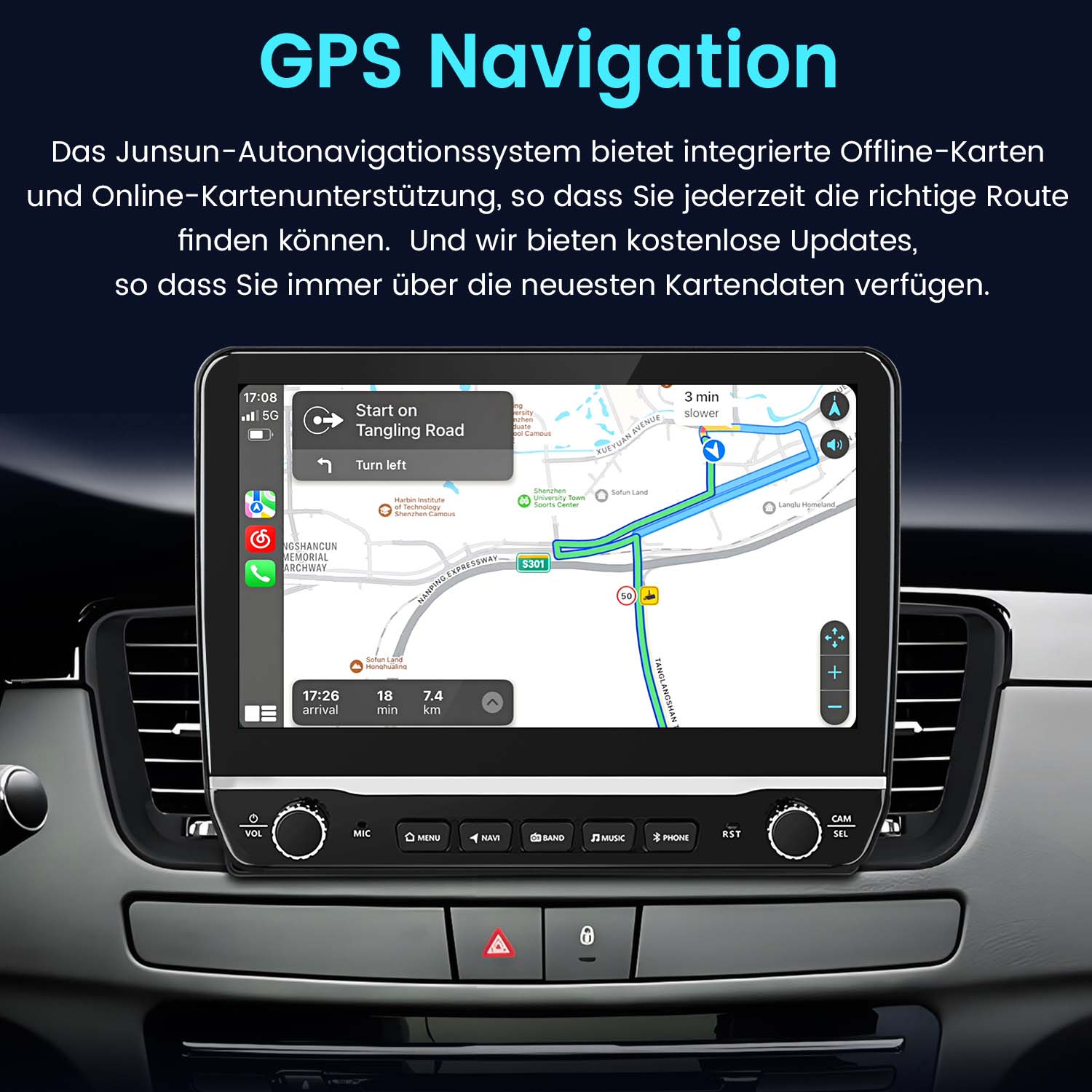 Ekran nawigacji samochodowej z mapą. Tekst mówi Nawigacja GPS.
