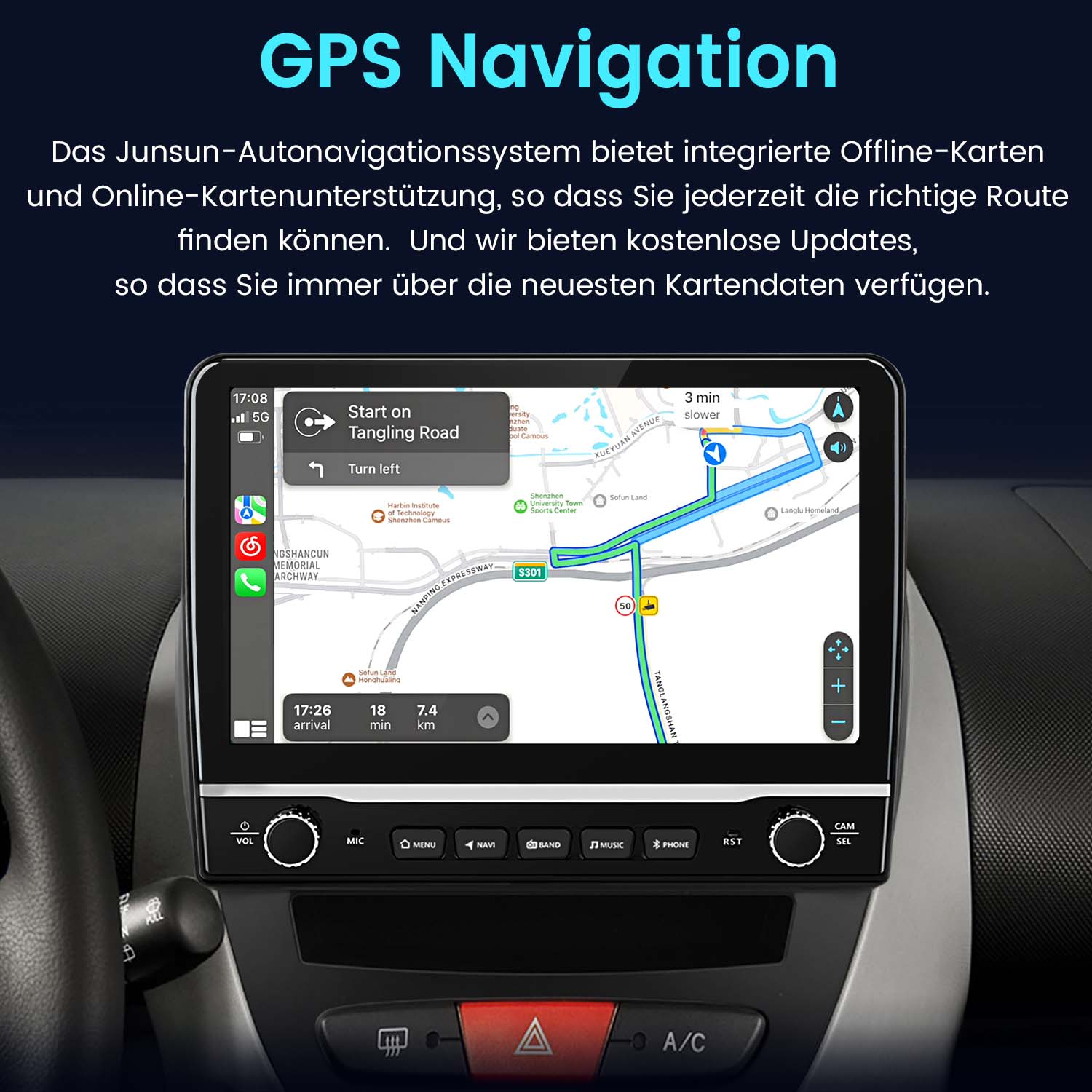 Ekran nawigacji GPS w samochodzie pokazujący mapę z instrukcjami nawigacyjnymi i deską rozdzielczą.