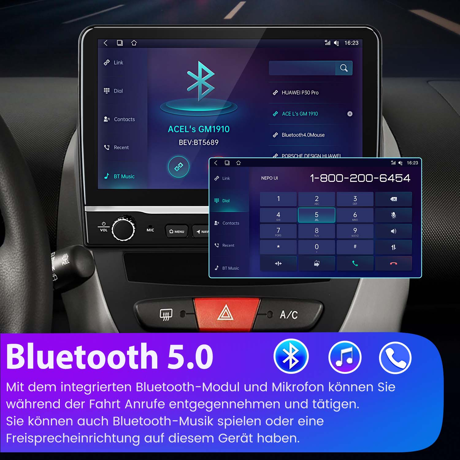 Ekran urządzenia multimedialnego w samochodzie pokazujący interfejs Bluetooth z opcjami wybierania i połączeń telefonicznych.
