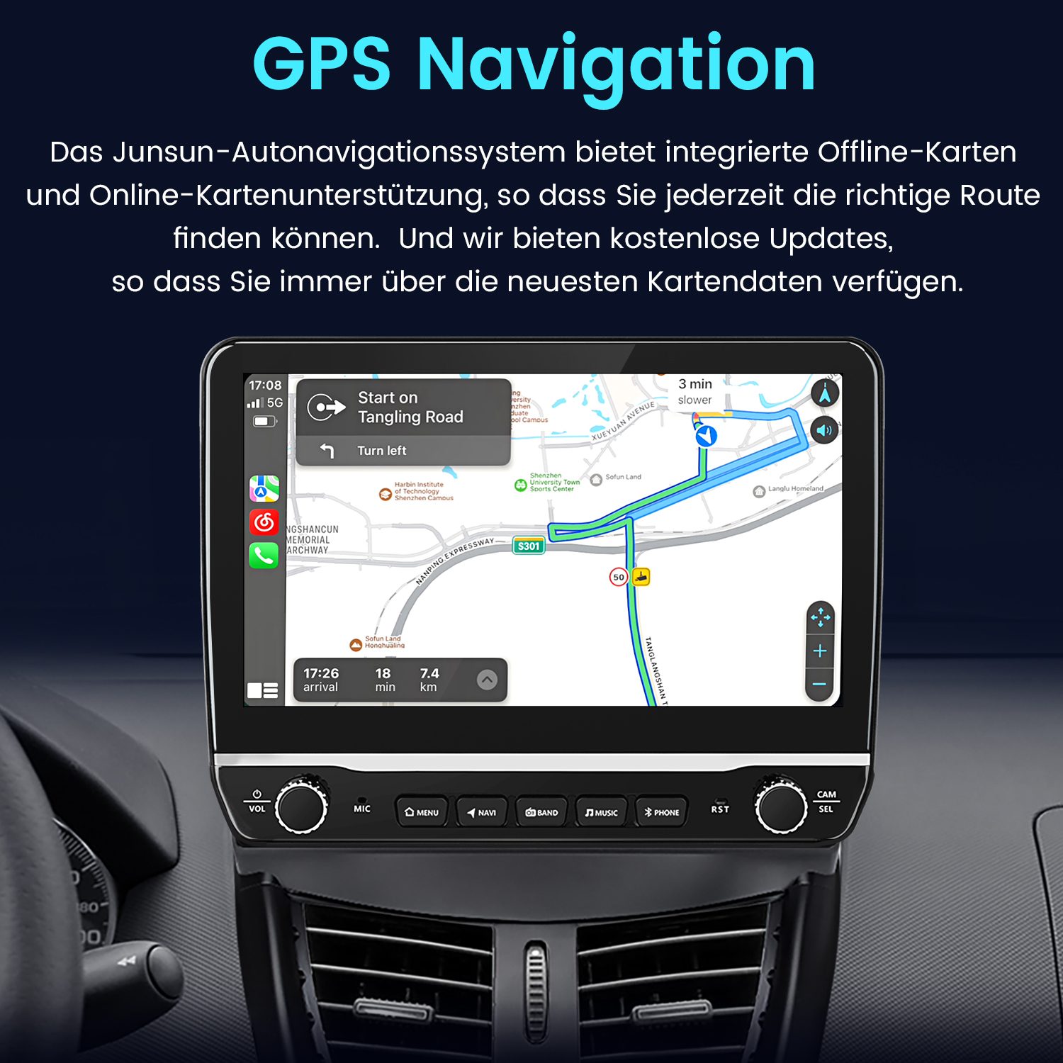 Ein Armaturenbrett mit GPS-Navigationssystem, das eine Karte und Routenführung anzeigt.