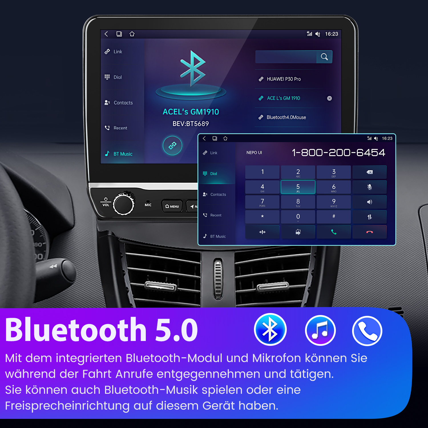 Ekran deski rozdzielczej samochodu wyświetlający interfejs telefonu. Tekst Bluetooth 5.0 na dole ekranu.