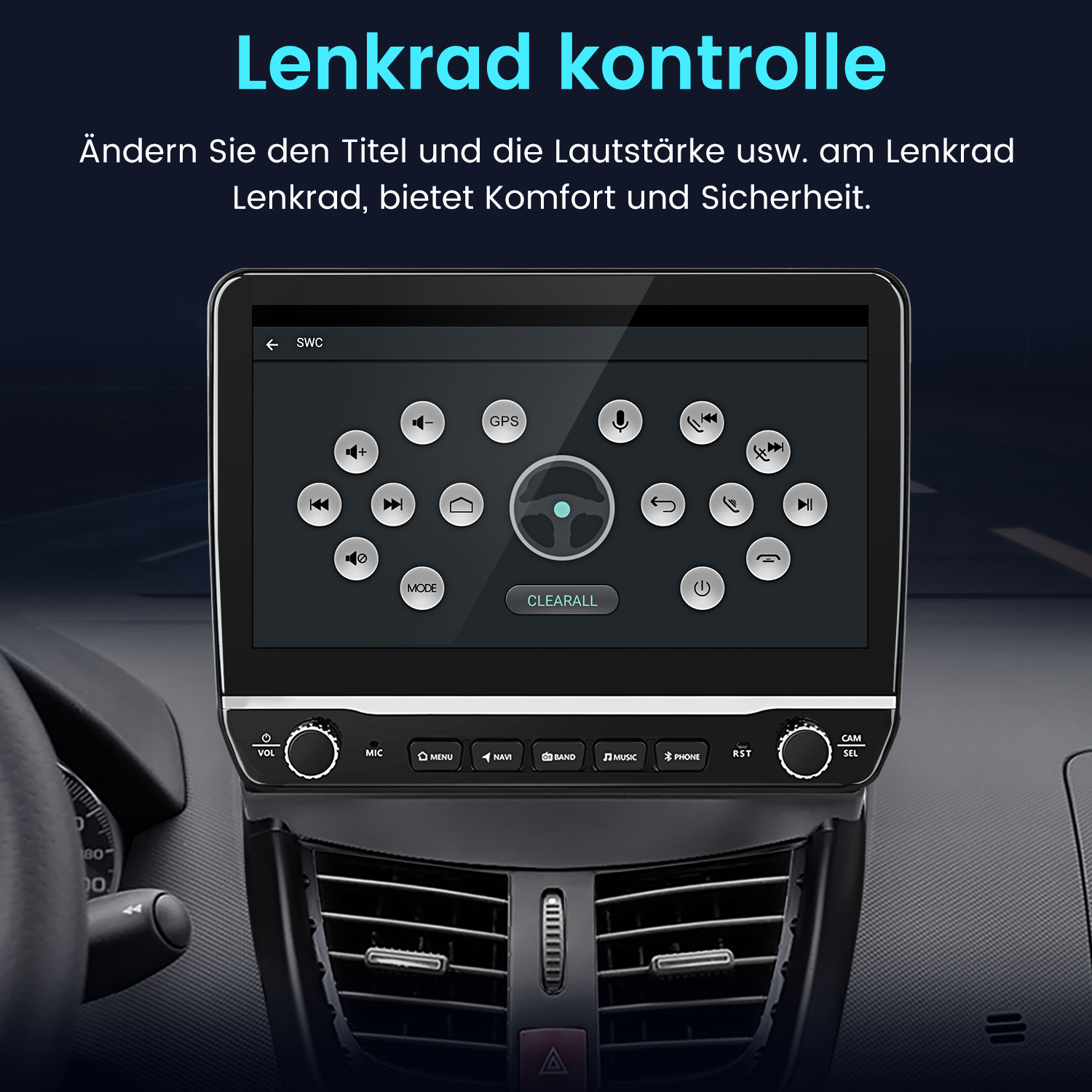 Auto-Multimedia-System-Display mit Touch-Bedienelementen und verschiedenen Funktionstasten, eingebaut in ein Armaturenbrett.
