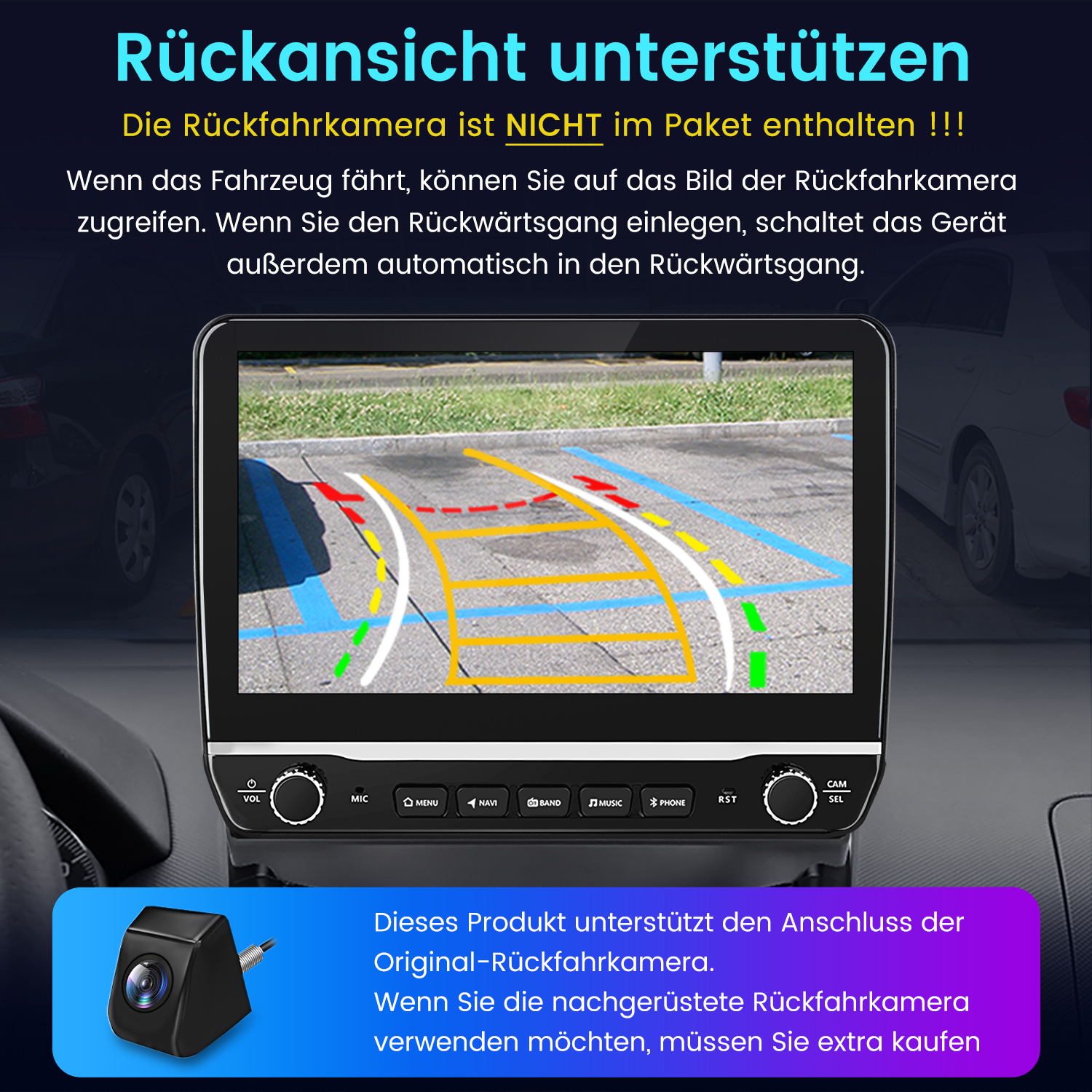 Anzeige eines Autos mit Rückfahrkameraansicht und einer kleinen Kamera darunter.