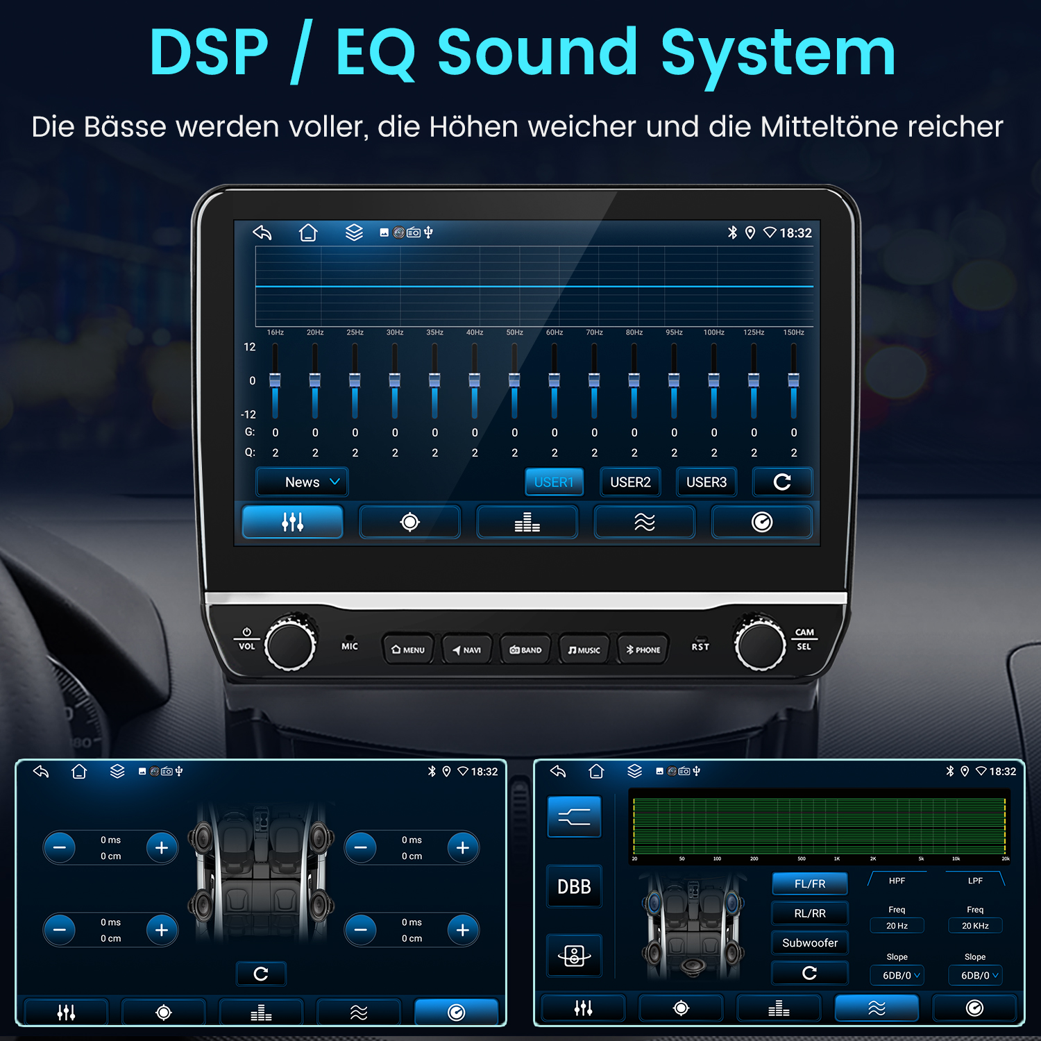 Auto-Audiosystem-Schnittstelle mit Equalizer- und Toneinstellungen.