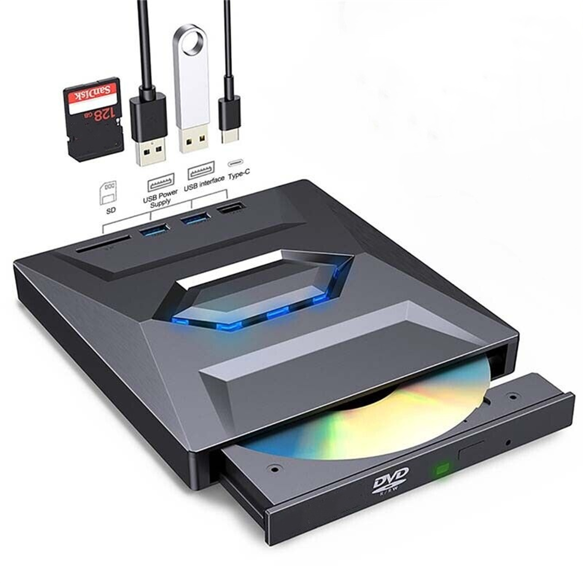 Schwarzes DVD-Laufwerk mit Kartenlesern und USB-Anschlüssen. Mit Kabeln.