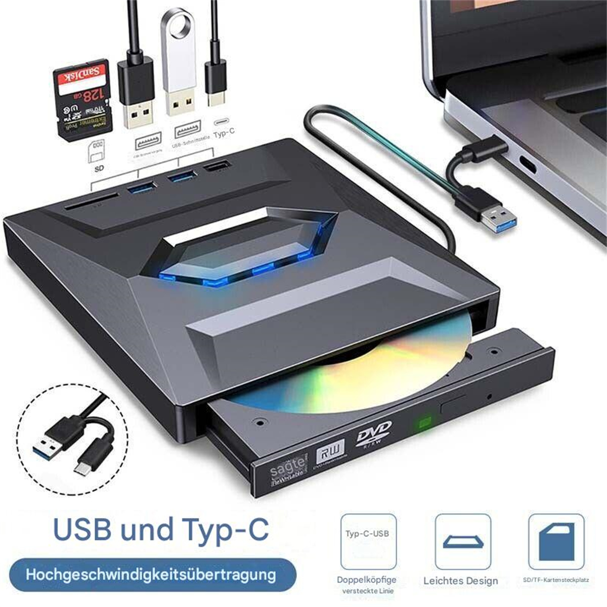 Schwarzer und grauer USB-Hub mit DVD-Laufwerk. Enthält SD-Karte, USB-Anschlüsse und USB-C-Kabel.