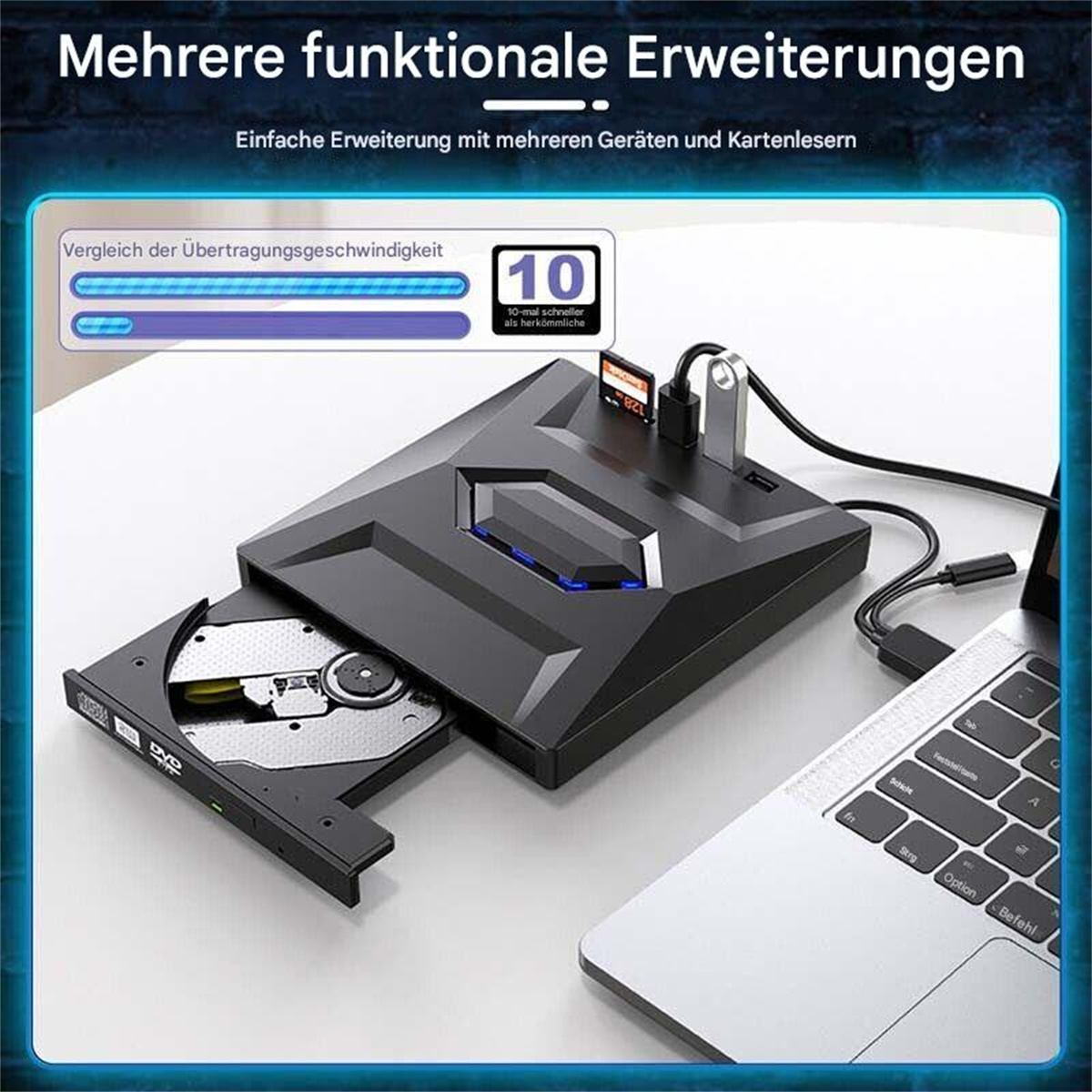 Ein schwarzes und graues Gerät mit DVD-Laufwerk und Kartenleser, an einen Laptop angeschlossen.