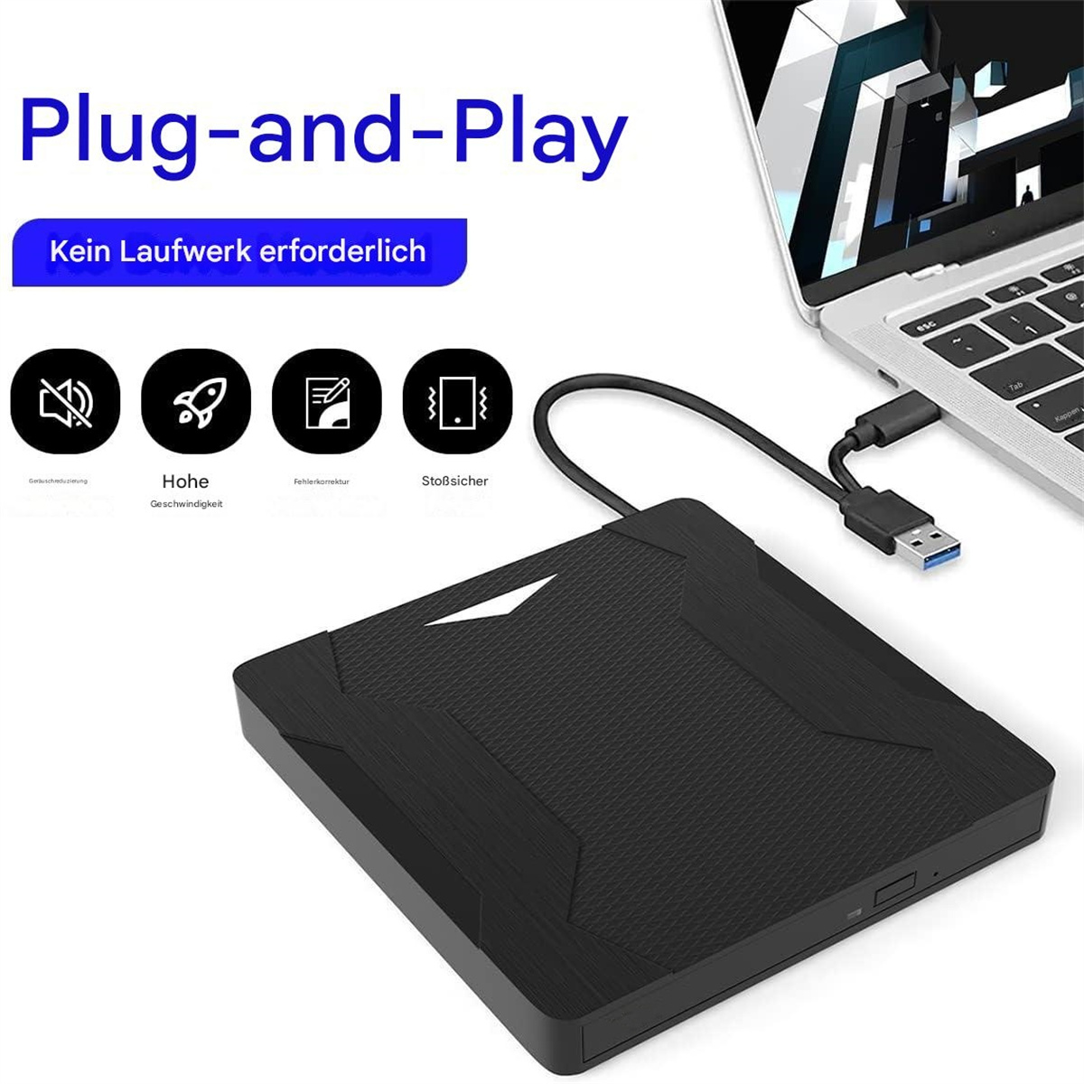 Schwarze externe Festplatte, verbunden mit Laptop, USB-Kabel, mit Funktionssymbolen.