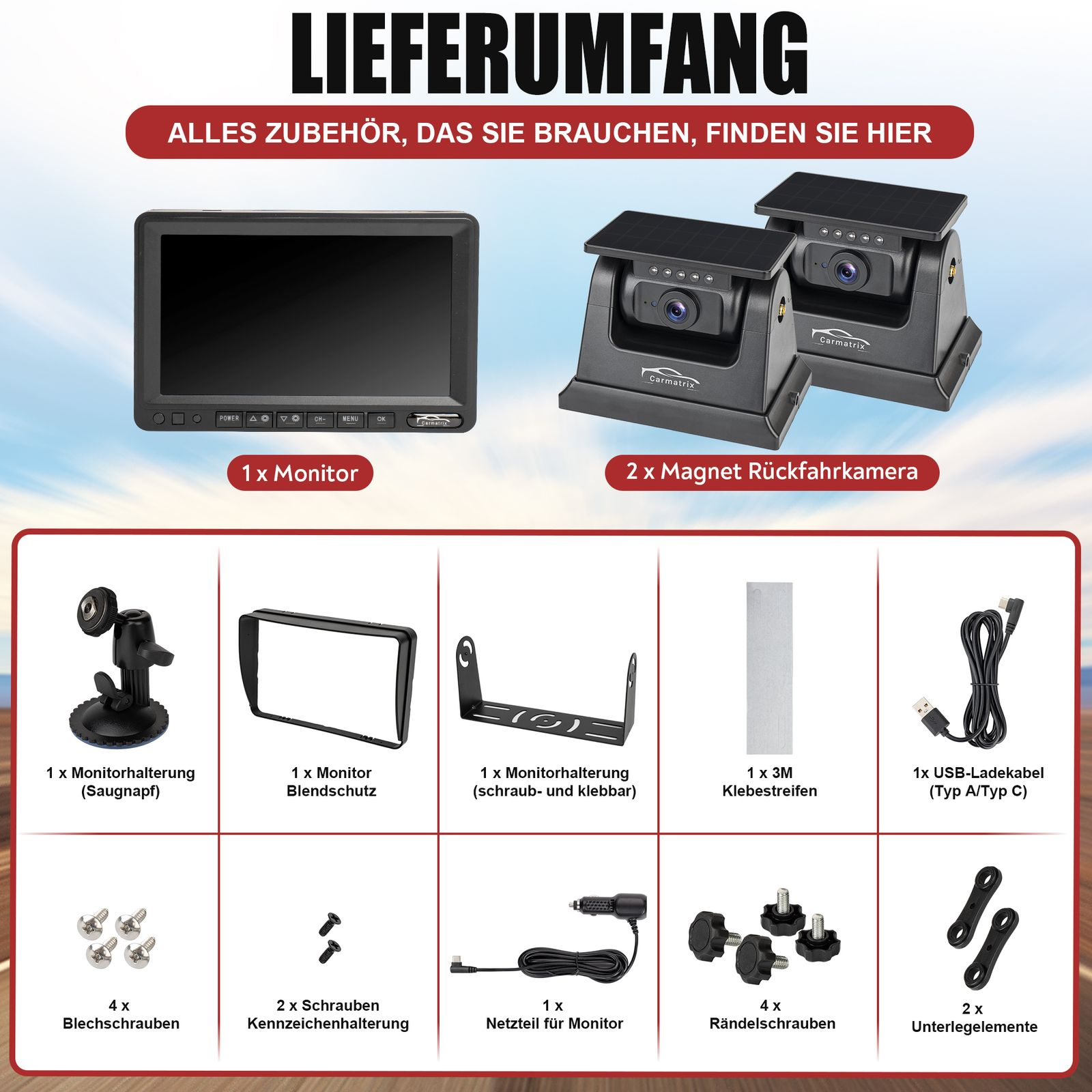 Verschiedenes Autozubehör, darunter ein Monitor, Kameras und Montageteile.