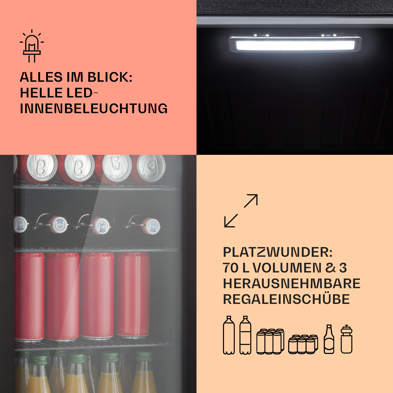 Un frigorifero con bevande rosse all'interno. Una luce LED brillante è accesa. Il testo indica 70L di volume.