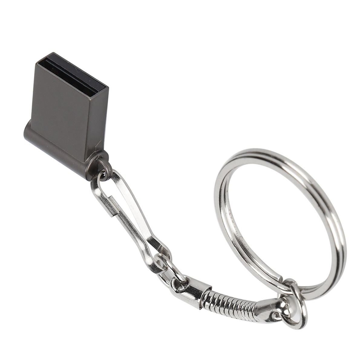 Schlüsselanhänger mit USB-Laufwerkhalter und silbernem Ring. Dunkelgraue Farbe.