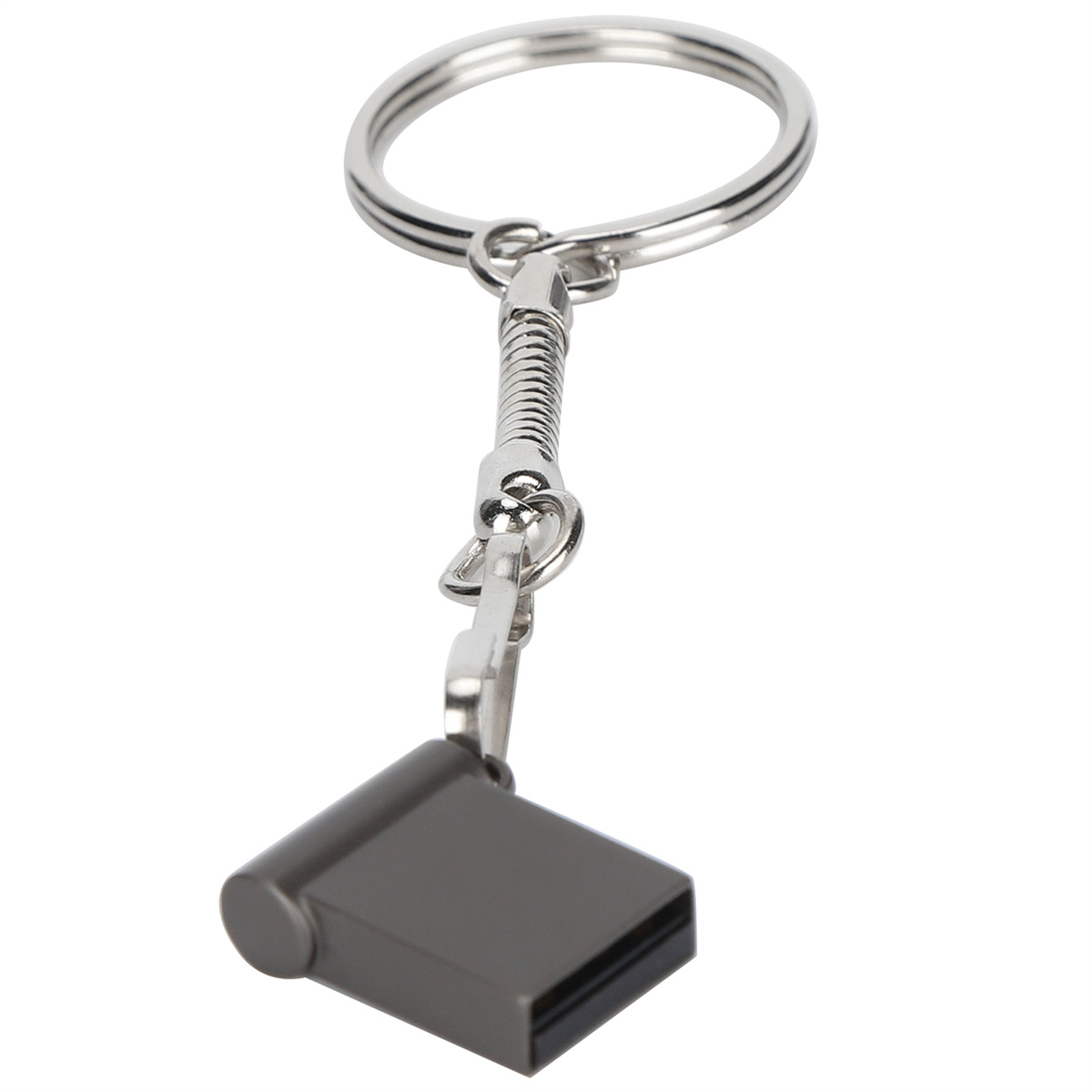Ein silberner Schlüsselanhänger mit einem schwarzen USB-Stick.