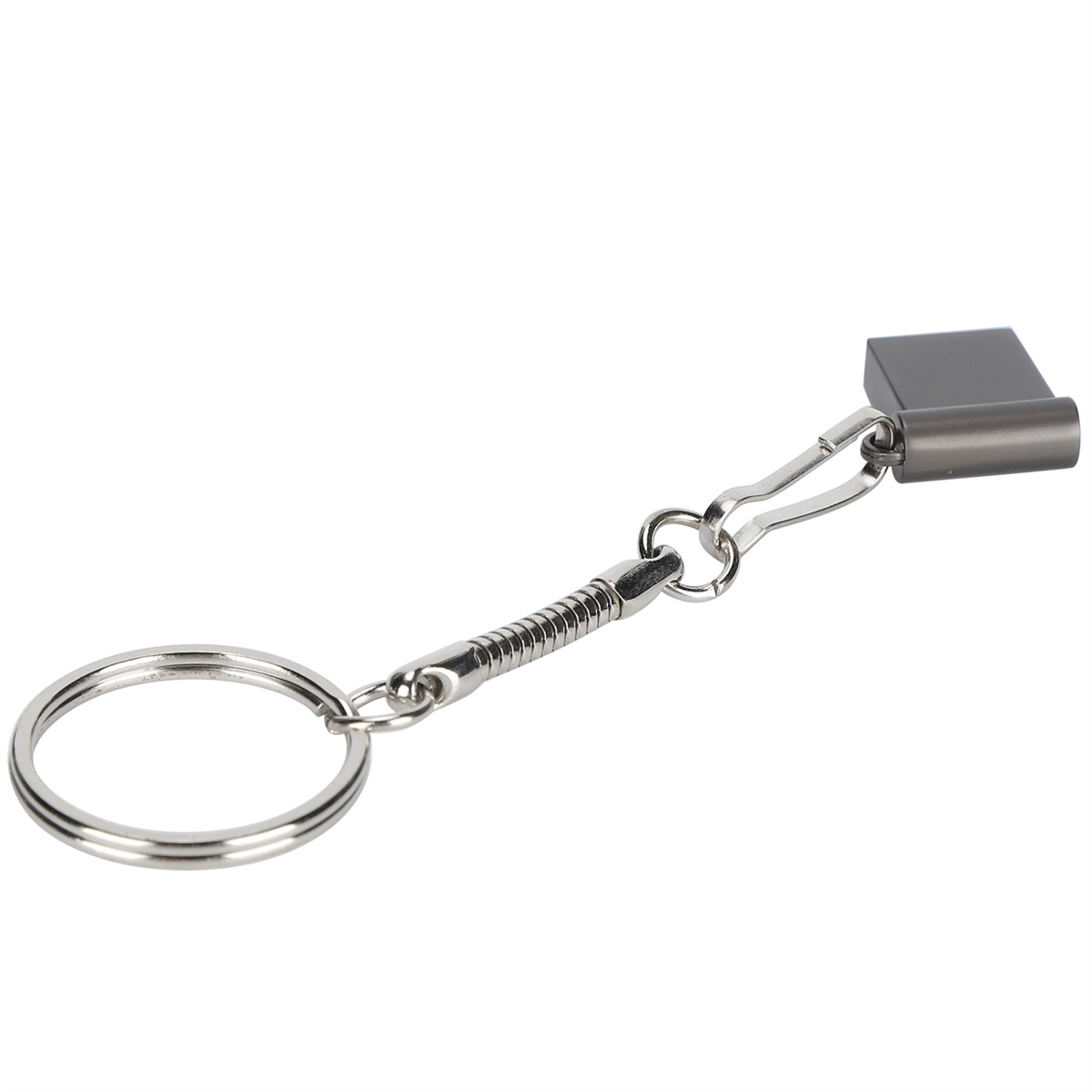 Ein silberner Schlüsselanhänger mit Ring, Feder und rechteckigem, dunkel gefärbtem Anhänger am Ende.