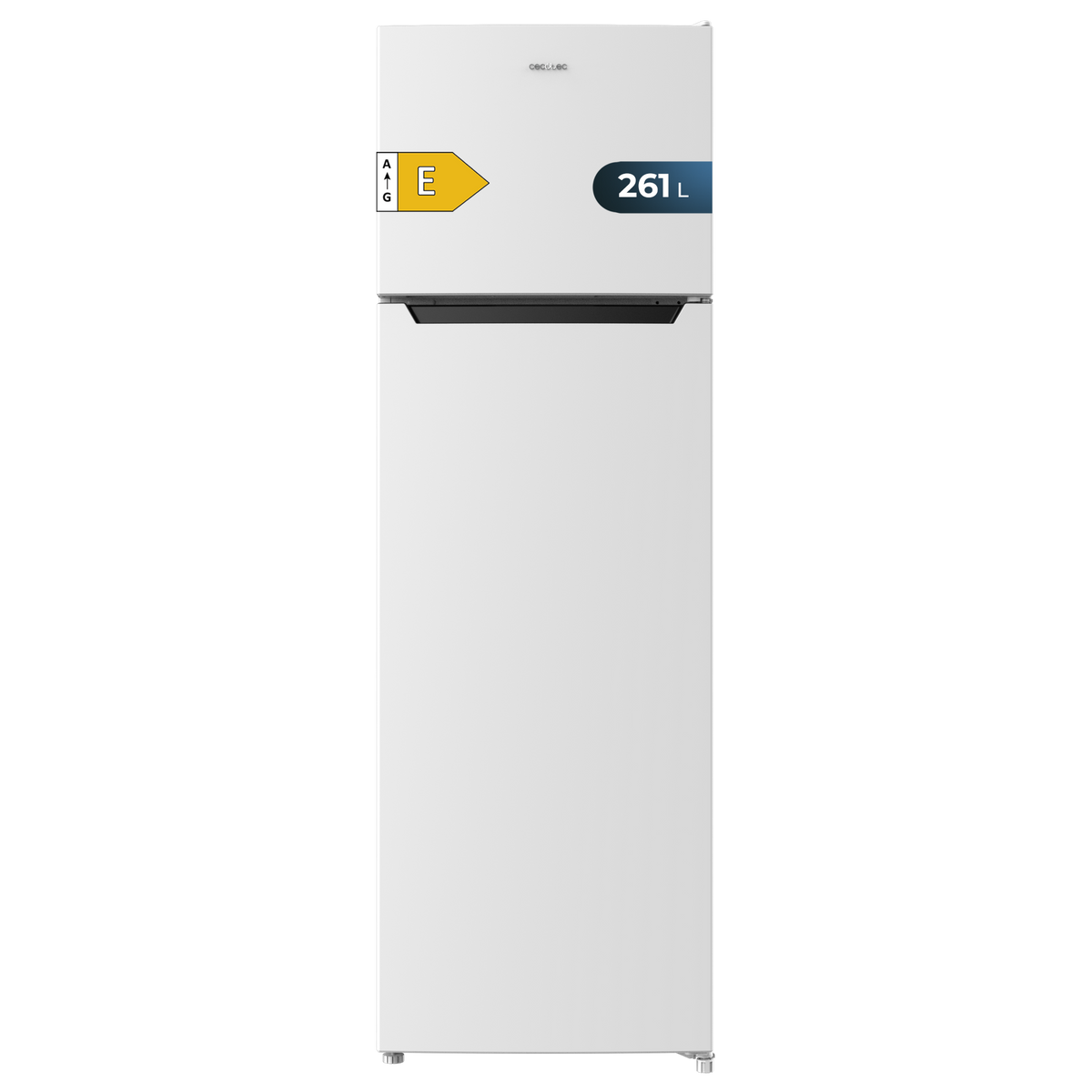 Biała lodówka z zamrażalnikiem u góry i etykietą efektywności energetycznej.