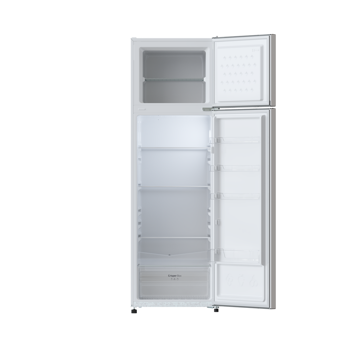 Biała lodówka z otwartymi drzwiami, pokazująca półki i szufladę na warzywa. Czarne tło.