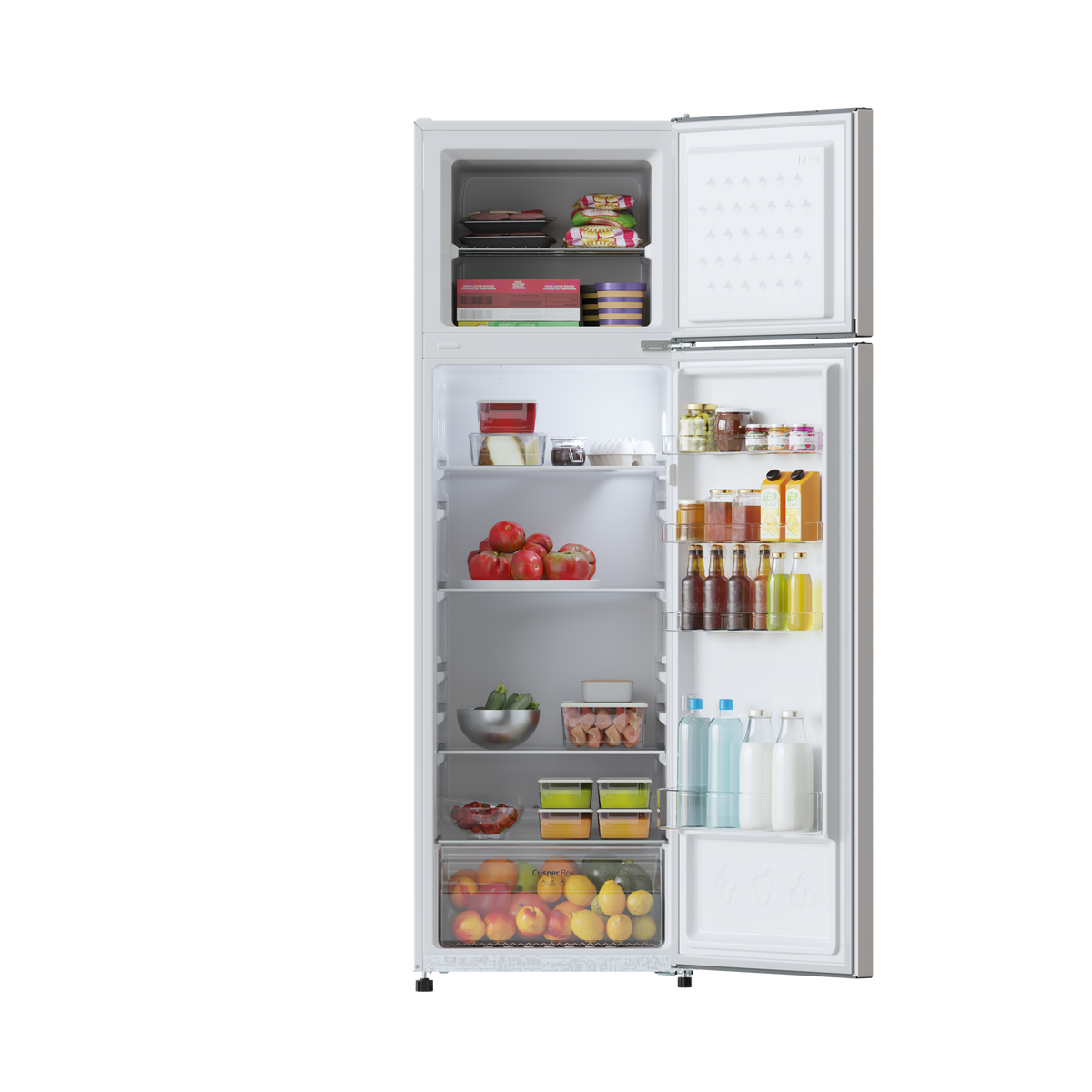 Lodówka z otwartymi drzwiami. W środku różne produkty spożywcze na półkach.