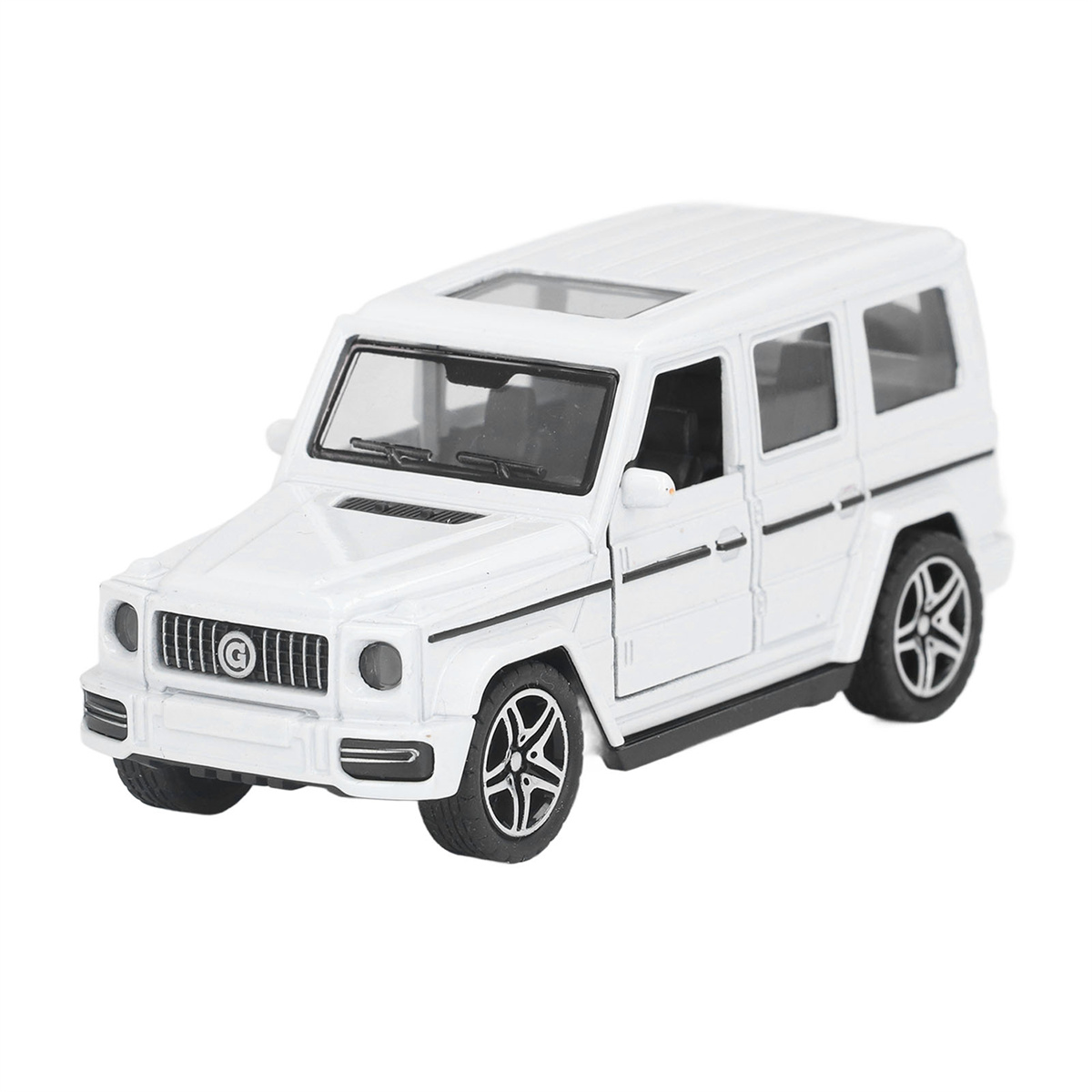 Weißes Spielzeugauto, Mercedes-Benz G-Klasse, auf weißem Hintergrund. Schwarze Räder und Fenster.