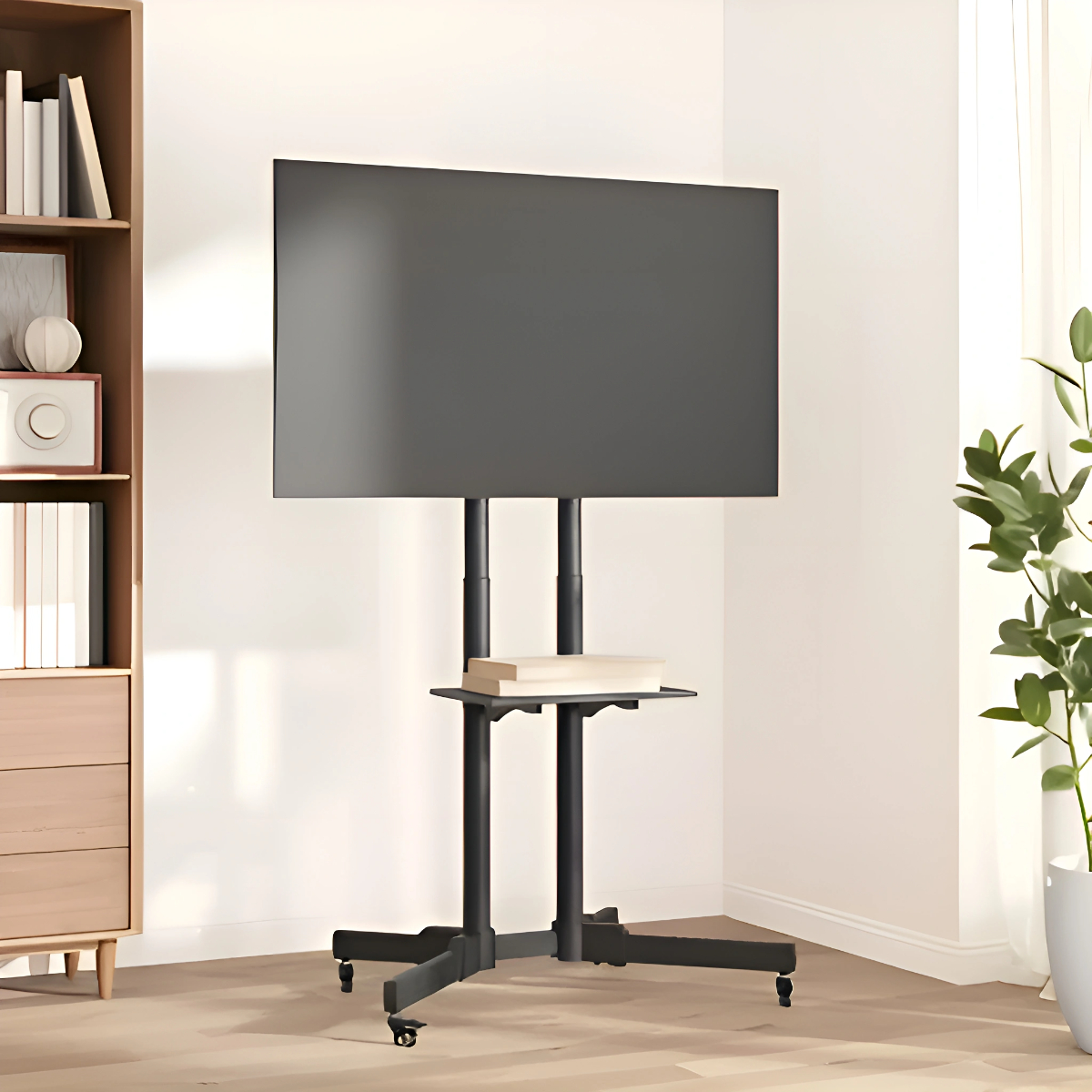 Schwarzer Fernseher auf einem Ständer mit Rädern, Regal und Büchern im Hintergrund.
